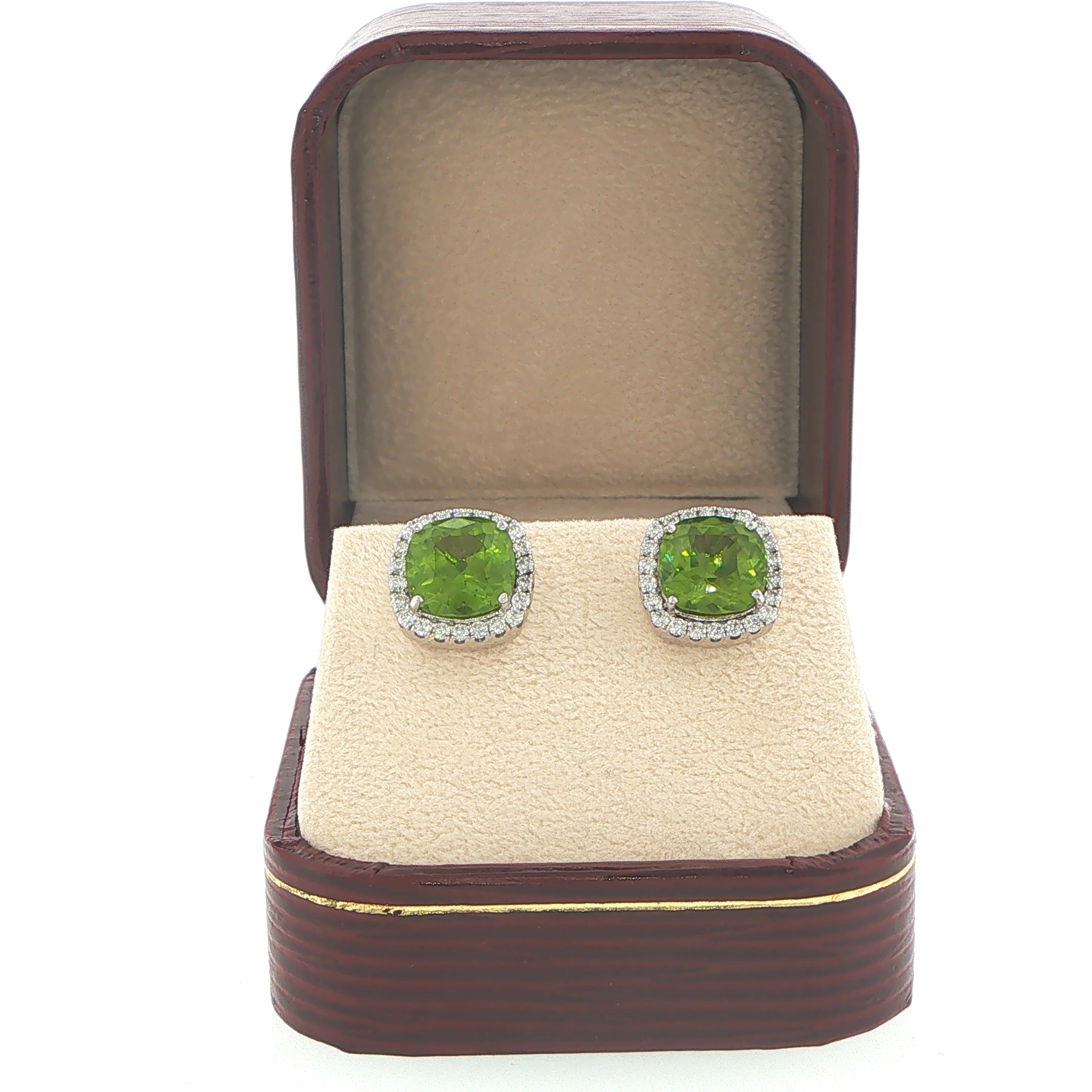 Cushion Cut Peridot Halo Stud Earrings in 18ct White Gold - Image 2