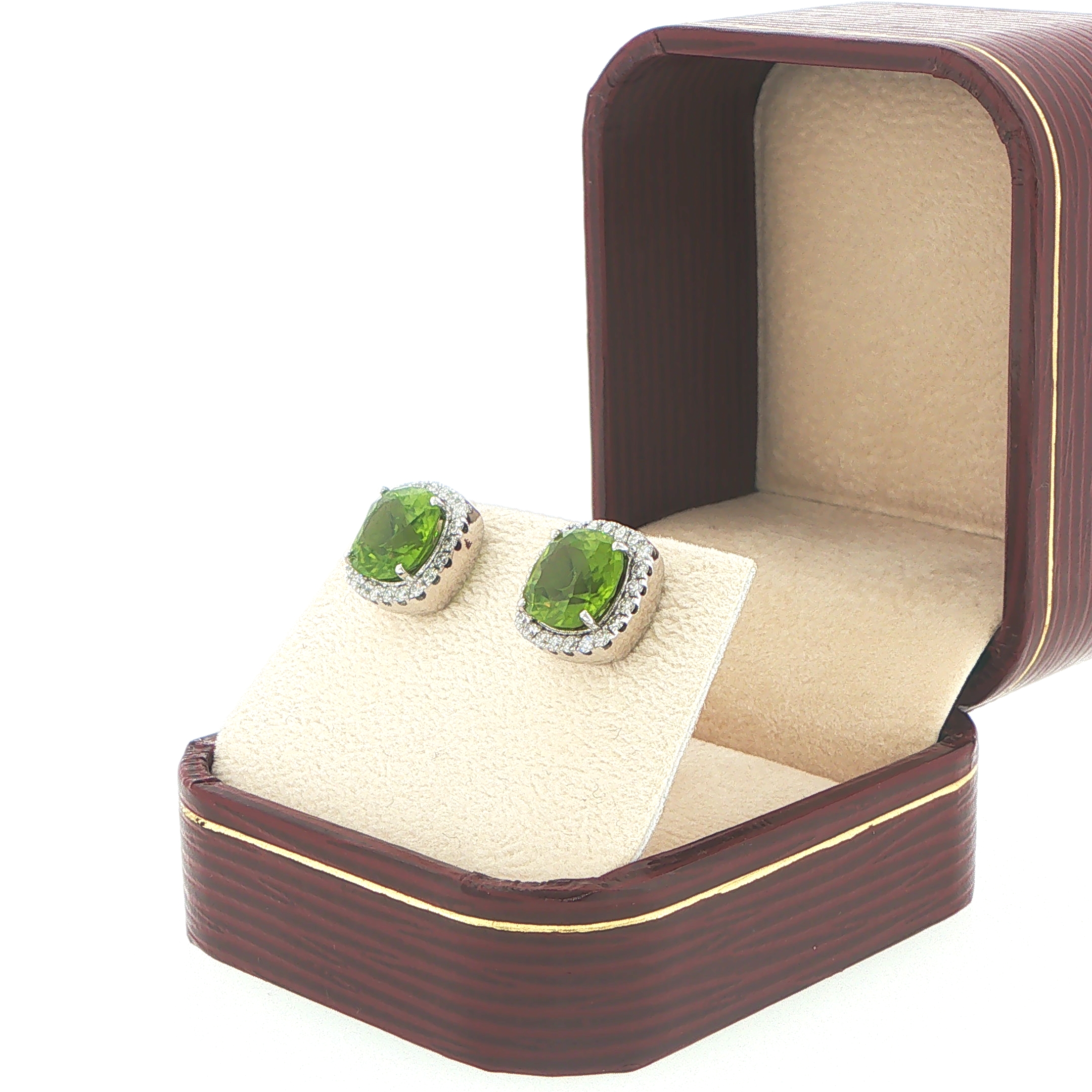 Cushion Cut Peridot Halo Stud Earrings in 18ct White Gold - Image 3