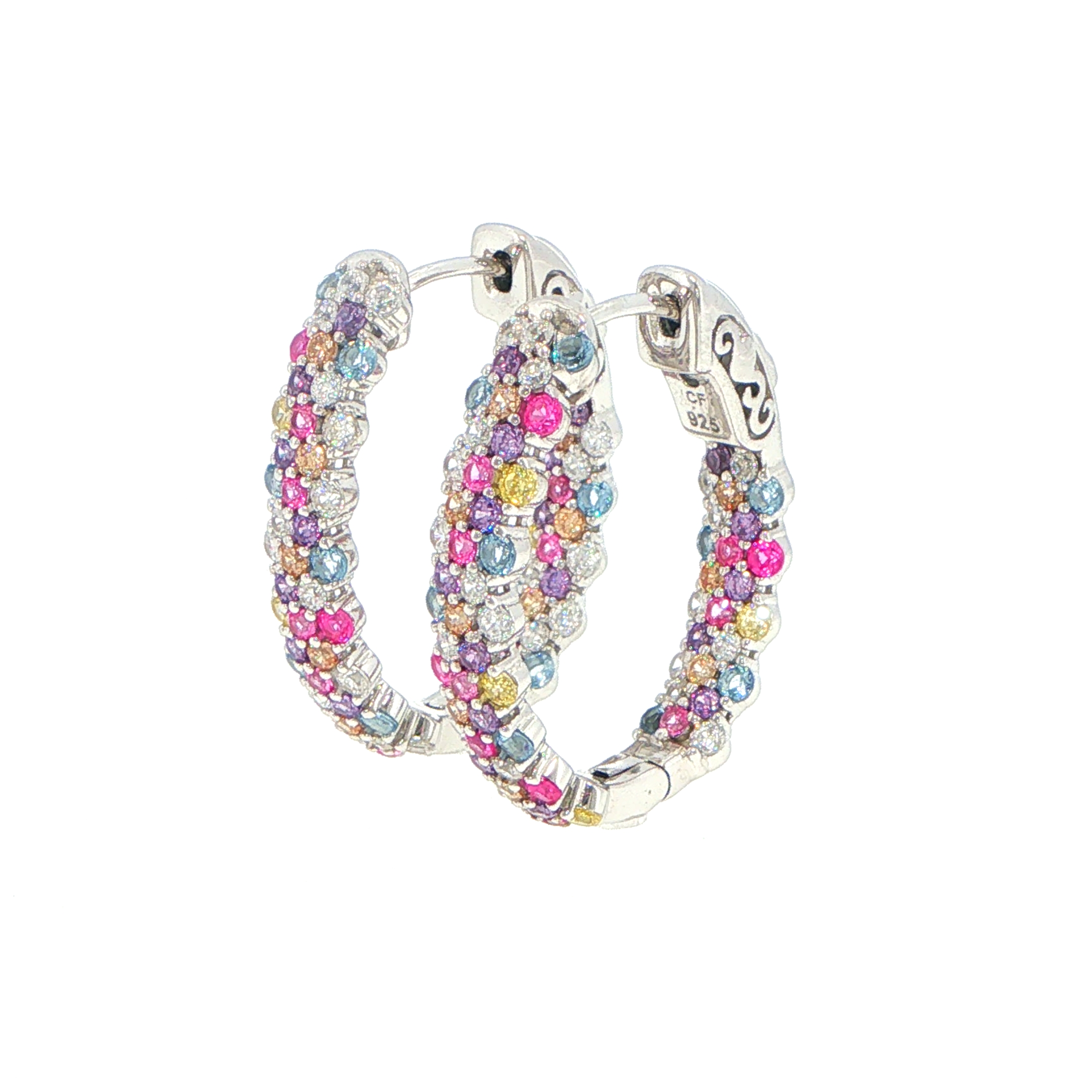 Multi-Coloured Stone Hoop Earrings in Silver - Image 3