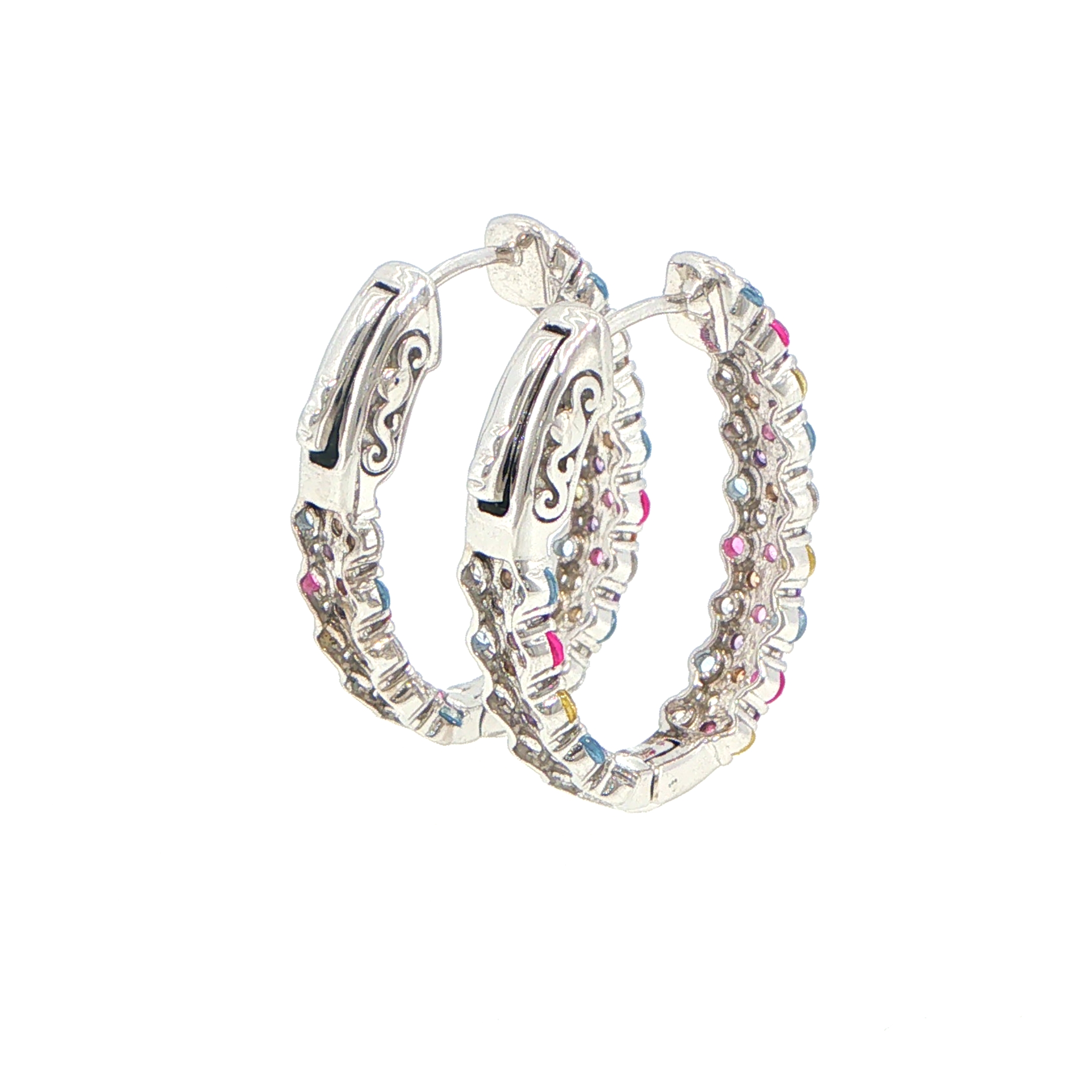 Multi-Coloured Stone Hoop Earrings in Silver - Image 7