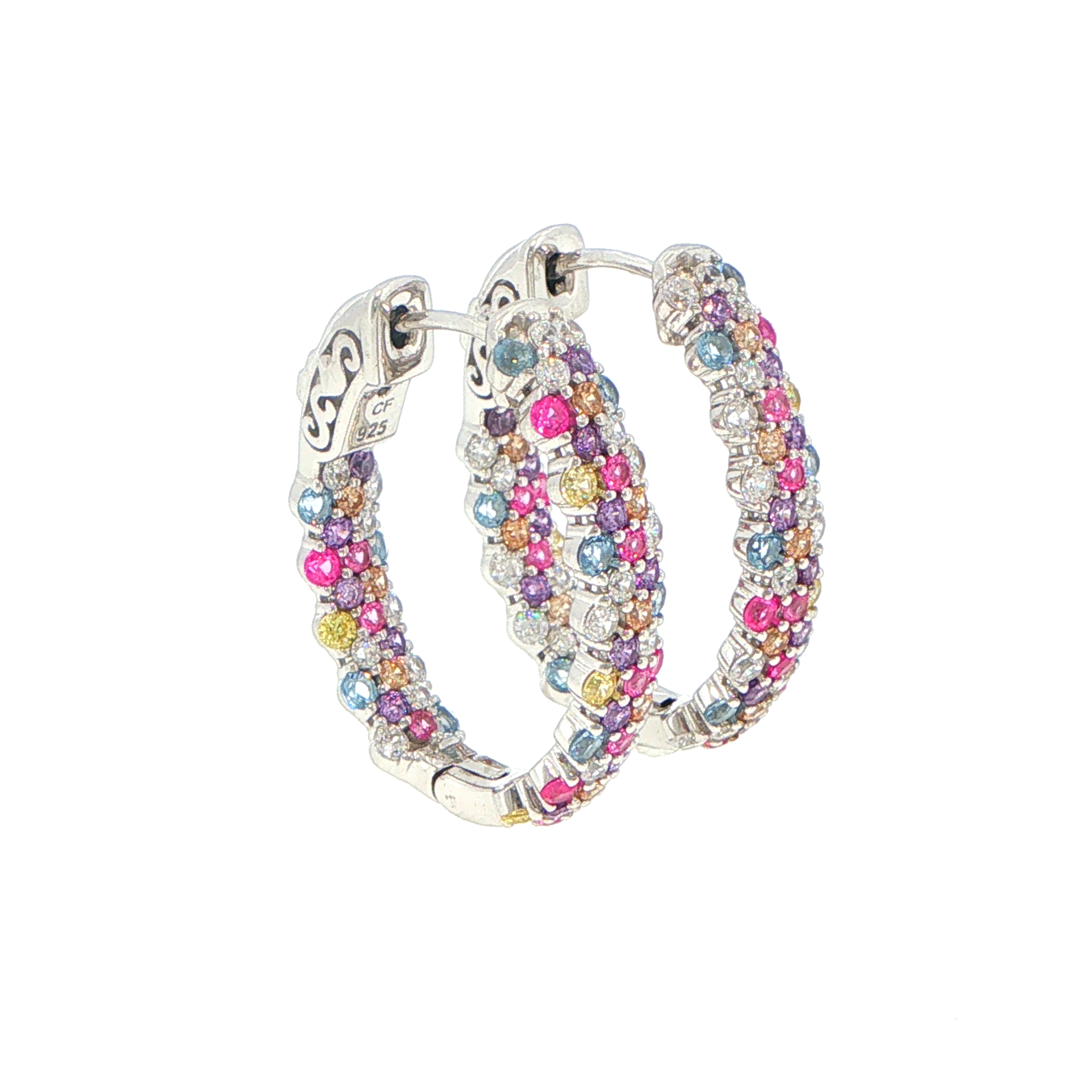 Multi-Coloured Stone Hoop Earrings in Silver