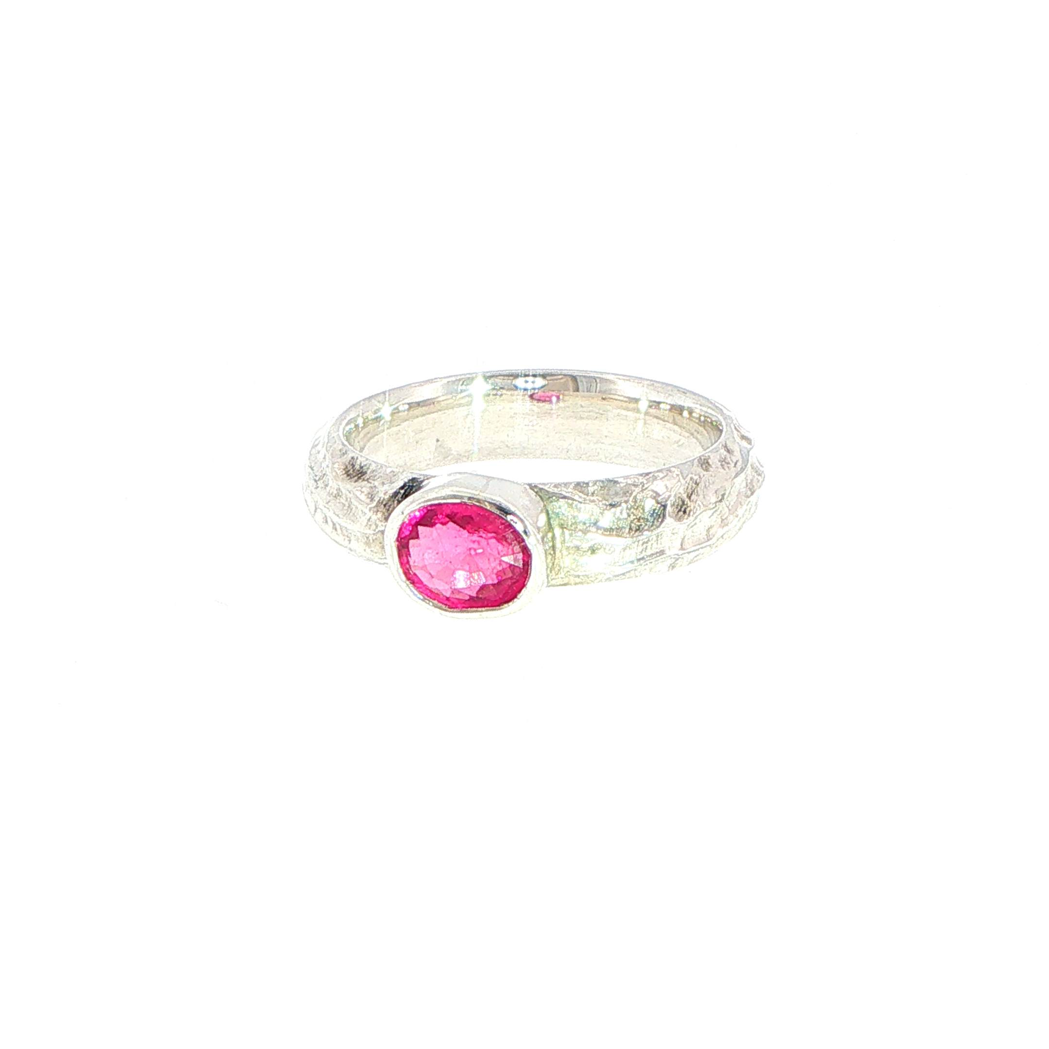 Textured Silver Bezel-Set Deep Pink Tourmaline Solitaire Ring - Image 3