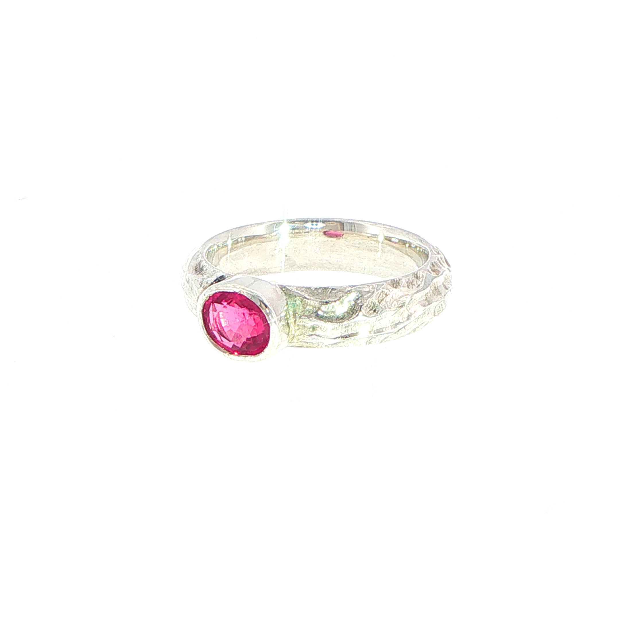Textured Silver Bezel-Set Deep Pink Tourmaline Solitaire Ring - Image 4