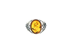 Oval Amber Solitaire Ring in Ornate Silver