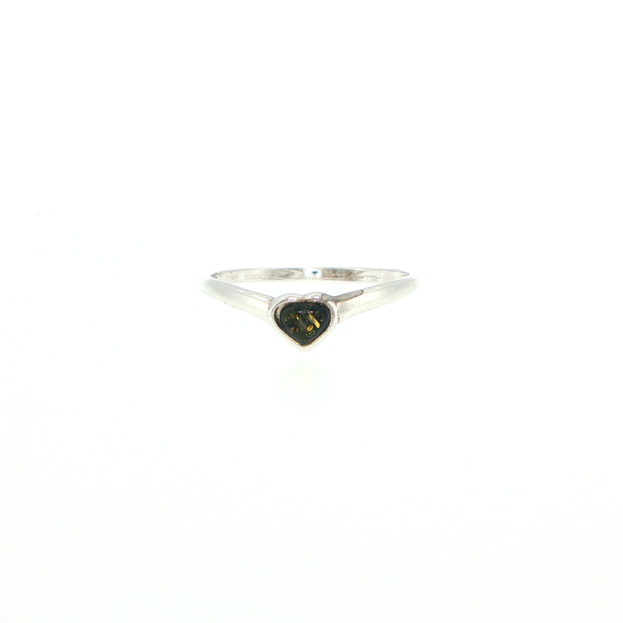 Heart-Shaped Green Amber Solitaire Ring in Silver