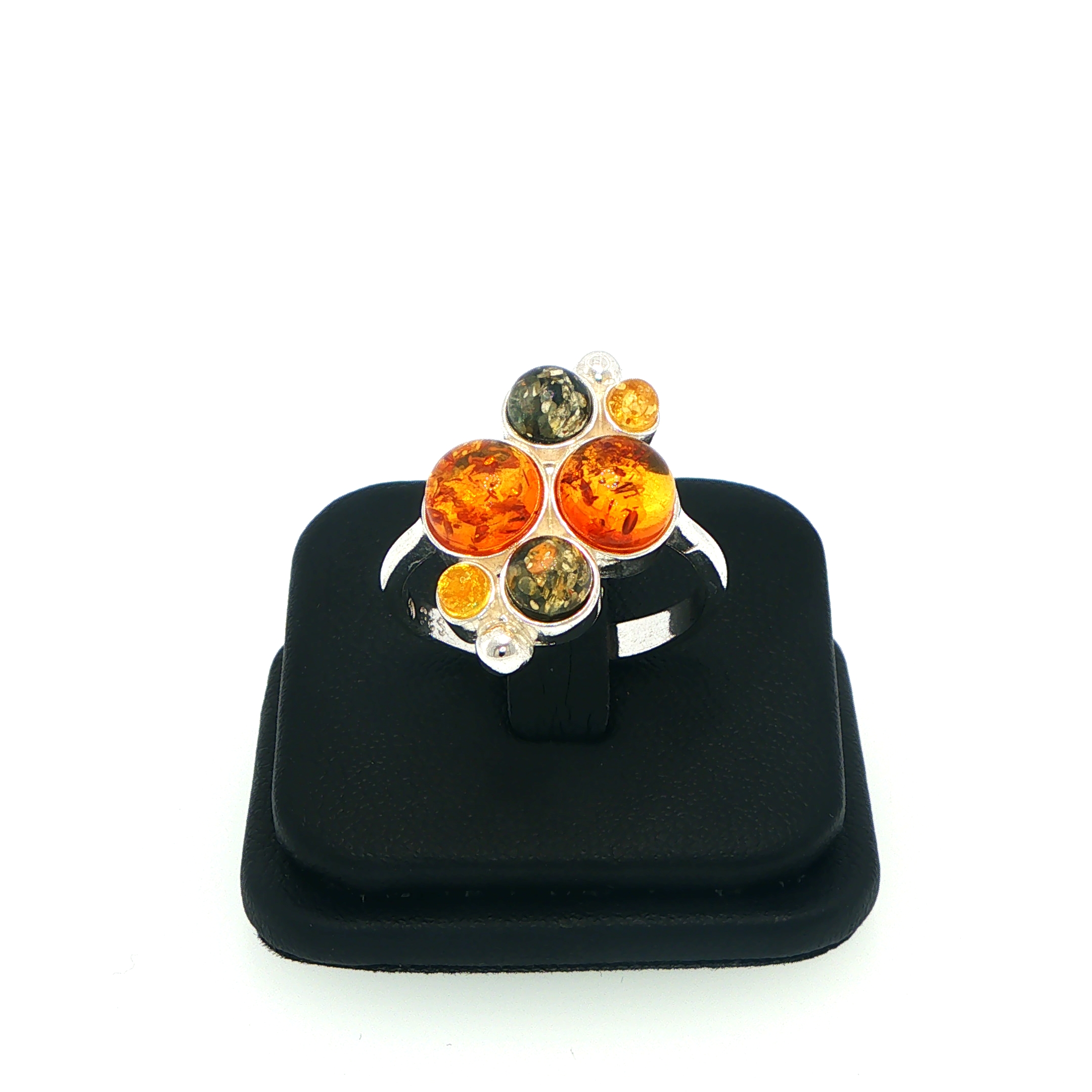 Multi-Colour Amber Cabochon Cluster Cocktail Ring Silver