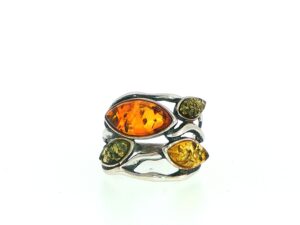 Multi-Colour Amber Organic Openwork Ring in Silver