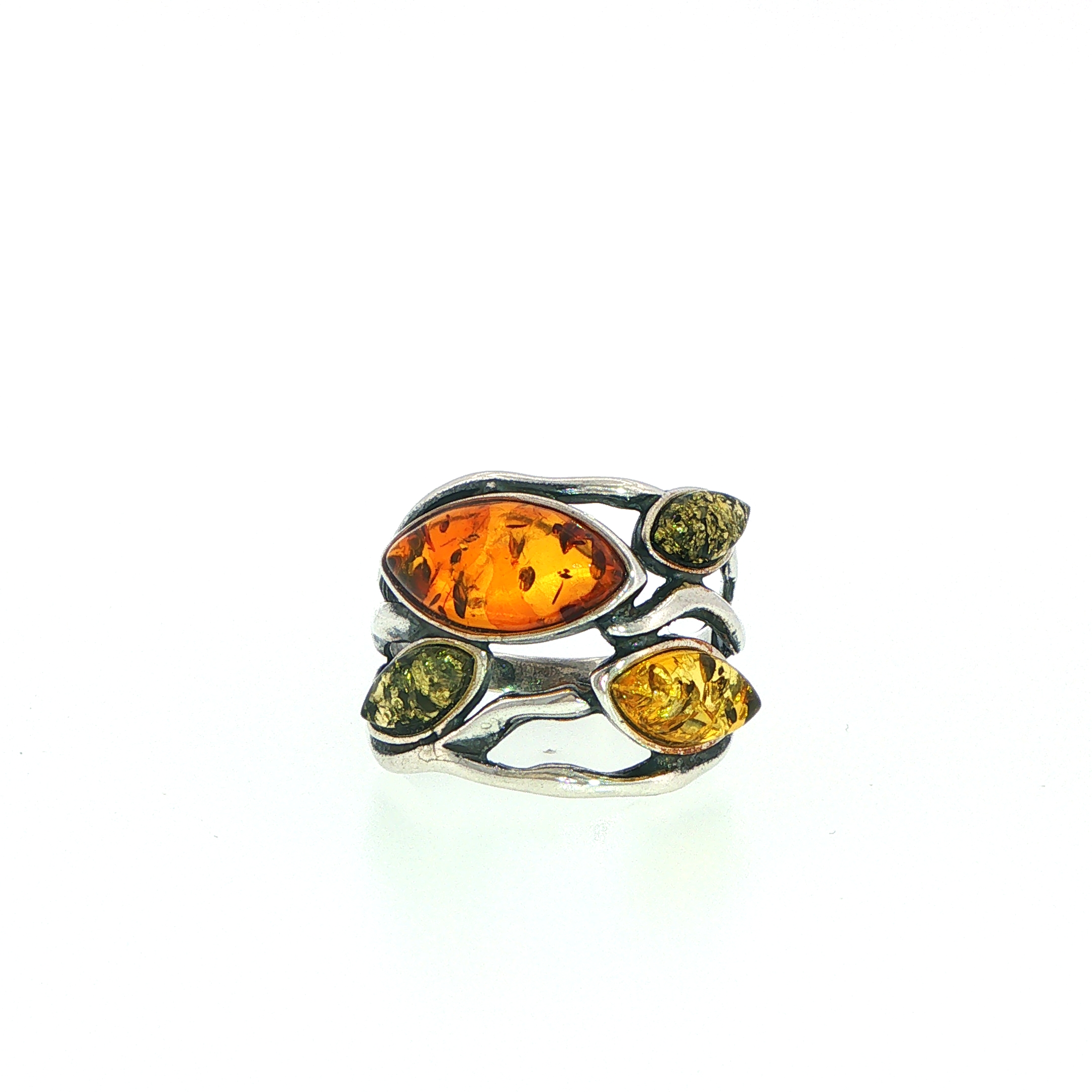 Multi-Colour Amber Organic Openwork Ring in Silver