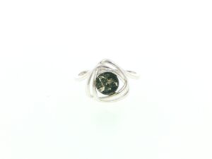 Contemporary Triangular Openwork Green Amber Ring in Silver