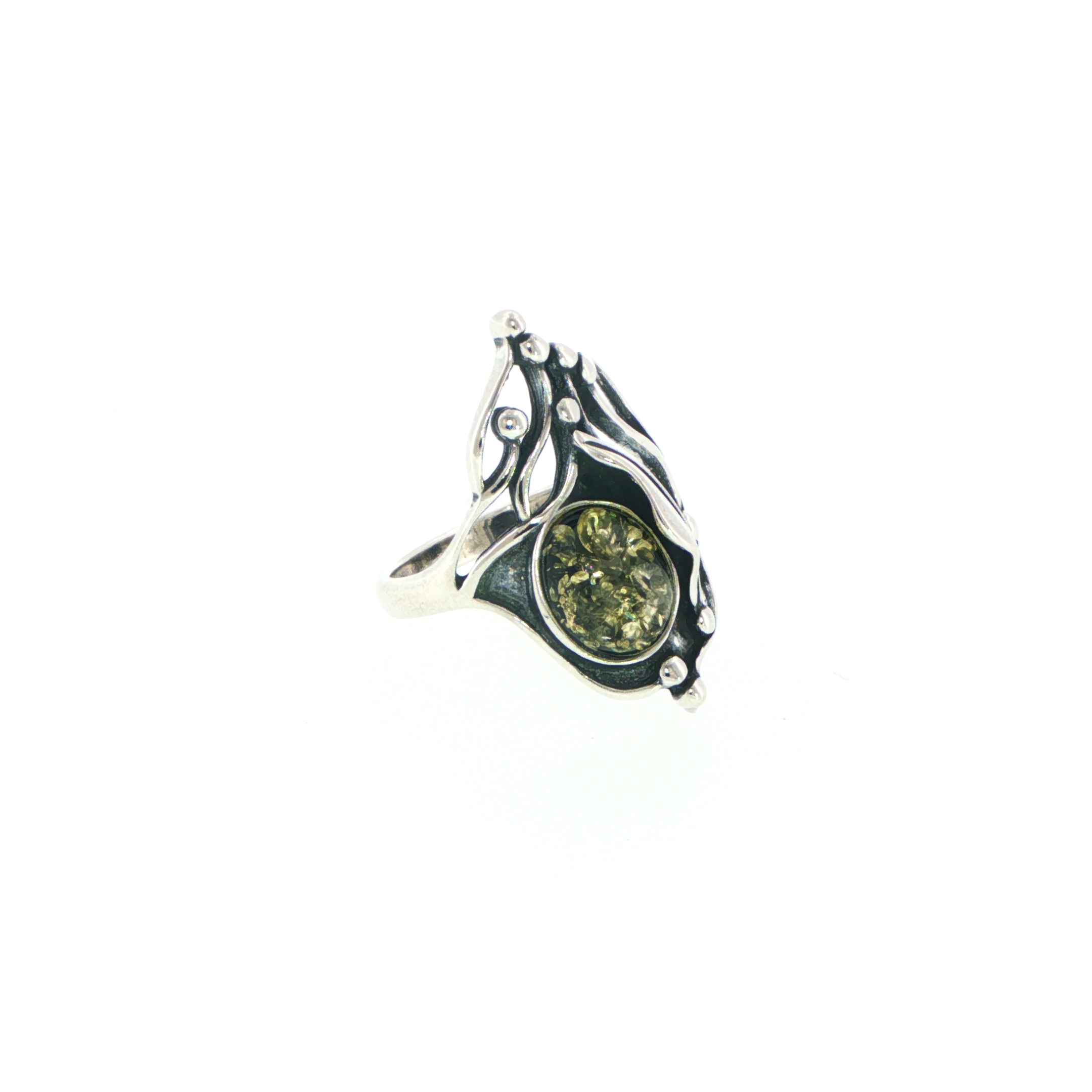 Organic Silver and Green Amber Cocktail Ring - Image 3