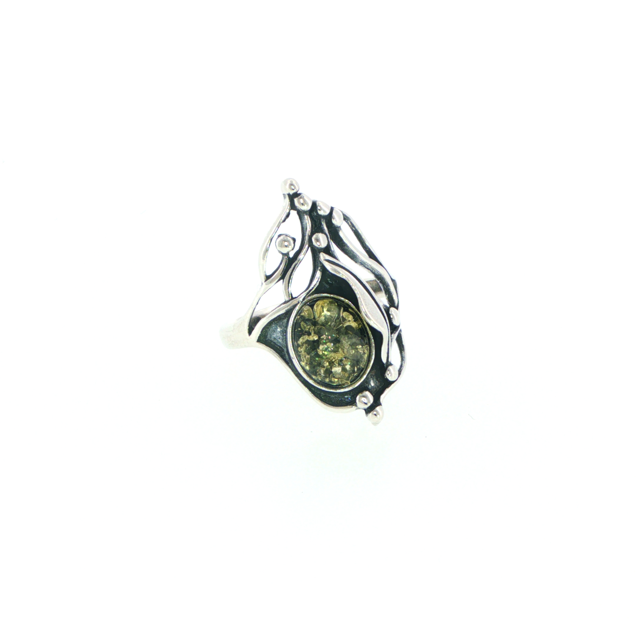 Organic Silver and Green Amber Cocktail Ring - Image 4