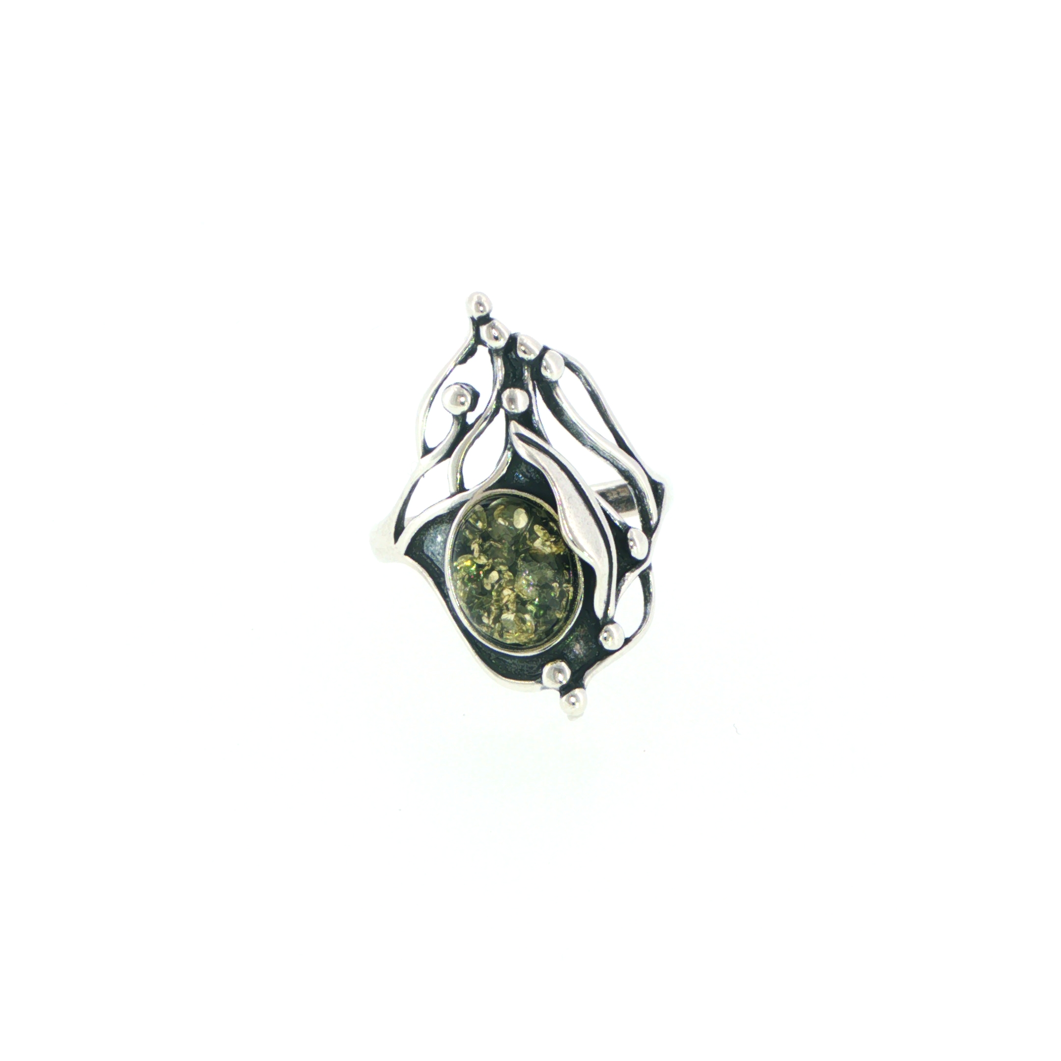 Organic Silver and Green Amber Cocktail Ring