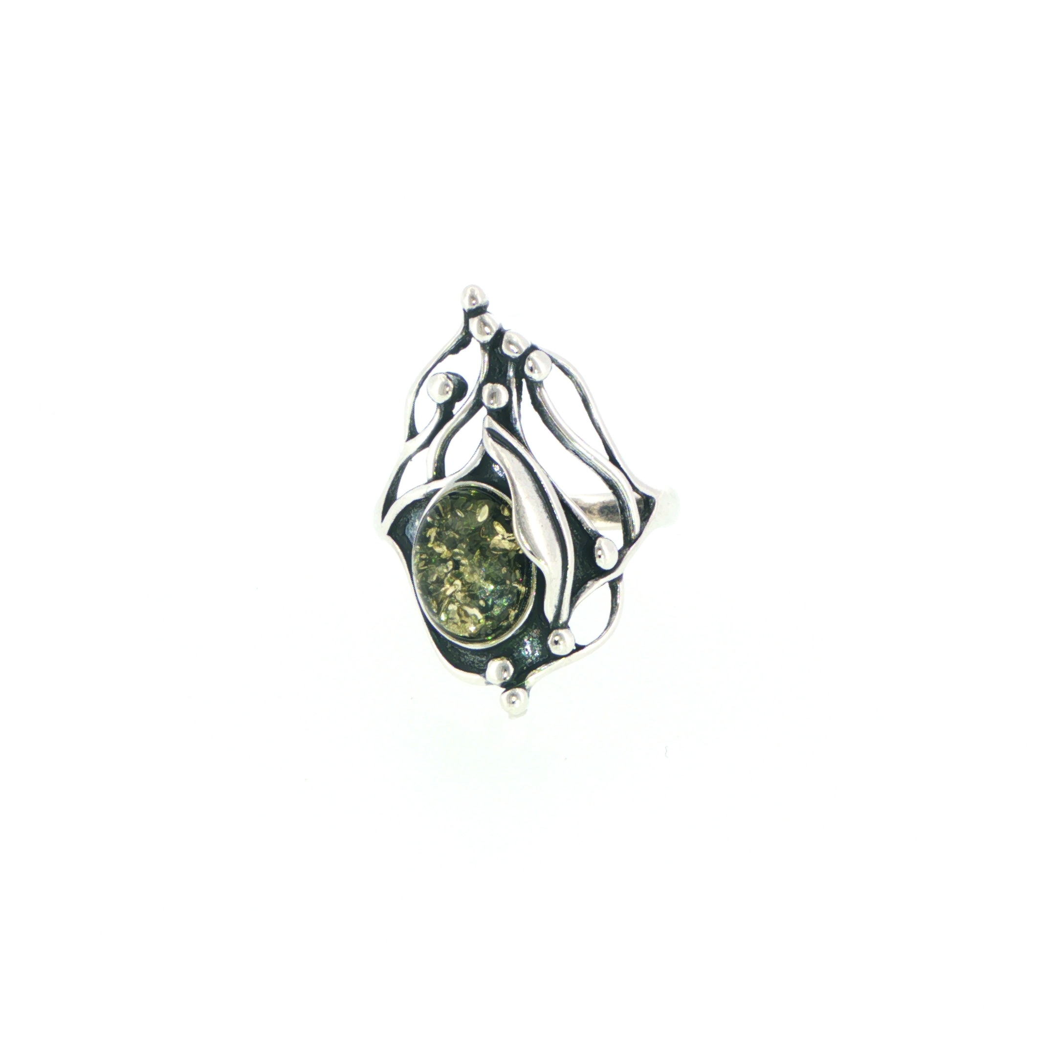 Organic Silver and Green Amber Cocktail Ring - Image 6