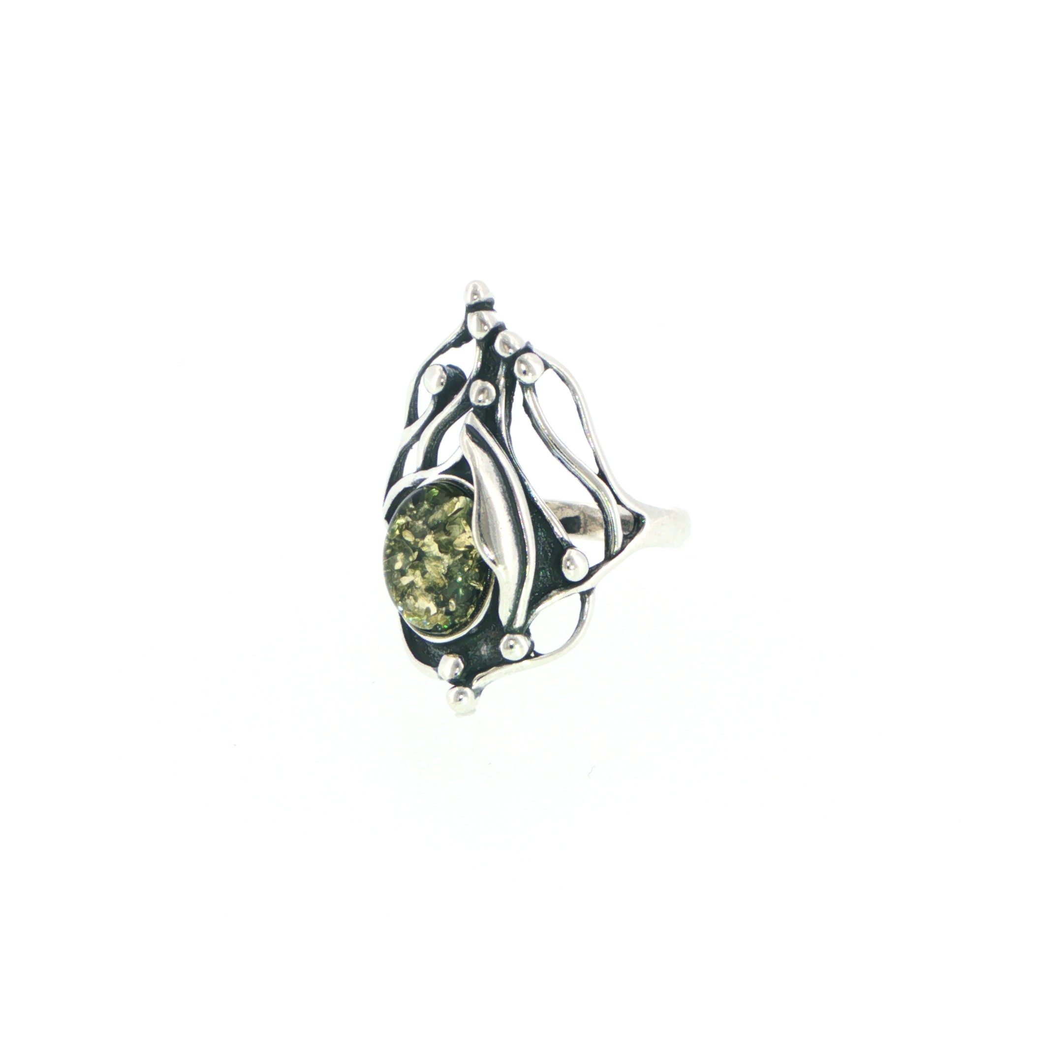 Organic Silver and Green Amber Cocktail Ring - Image 7
