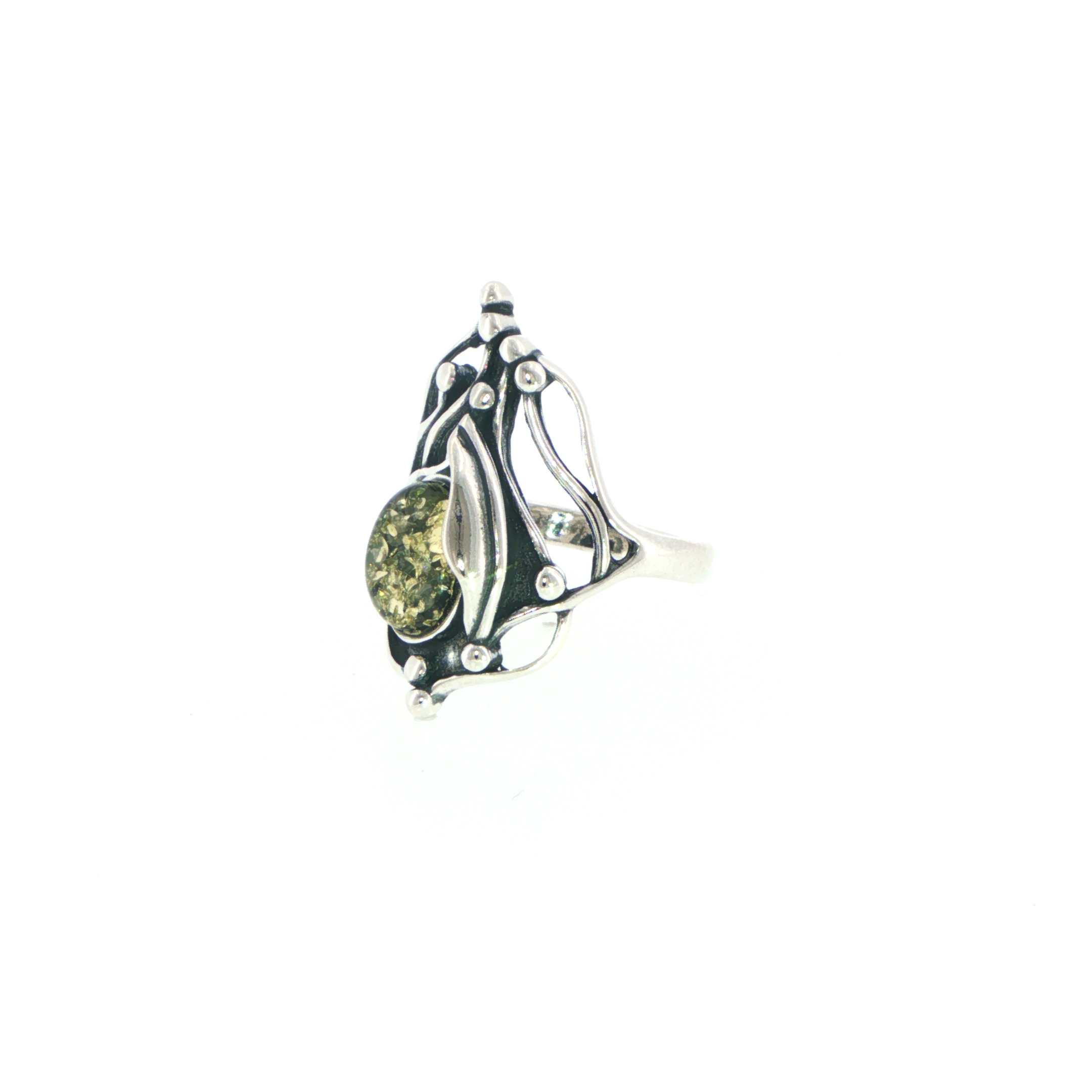 Organic Silver and Green Amber Cocktail Ring - Image 8