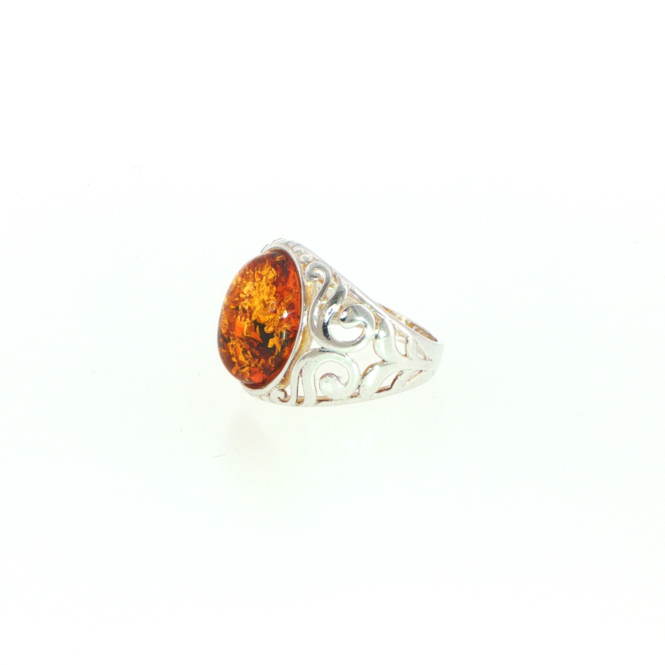 Openwork Swirling Signet Ring with Oval Orange Amber in Silver - Image 2