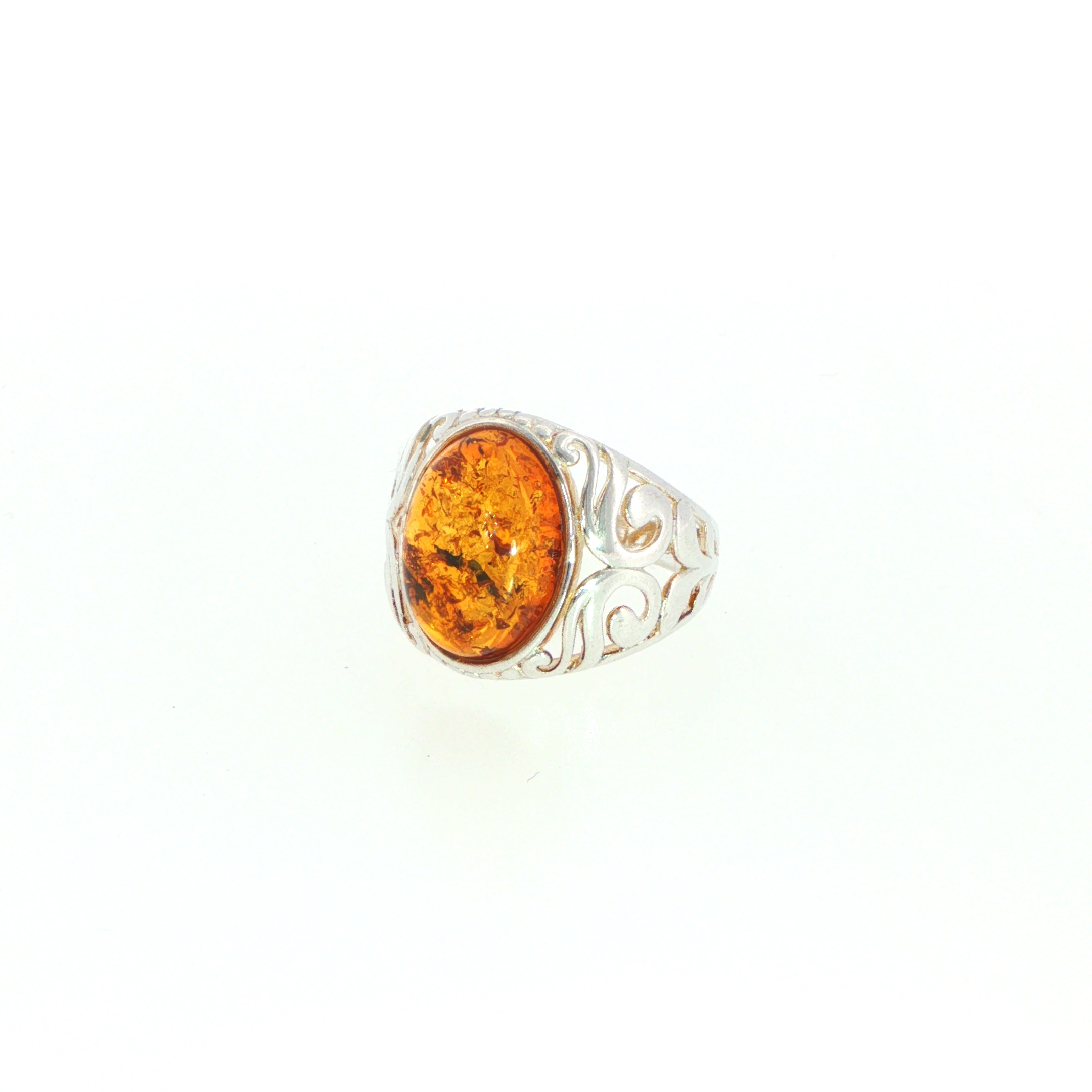 Openwork Swirling Signet Ring with Oval Orange Amber in Silver - Image 3