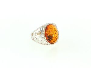 Openwork Swirling Signet Ring with Oval Orange Amber in Silver