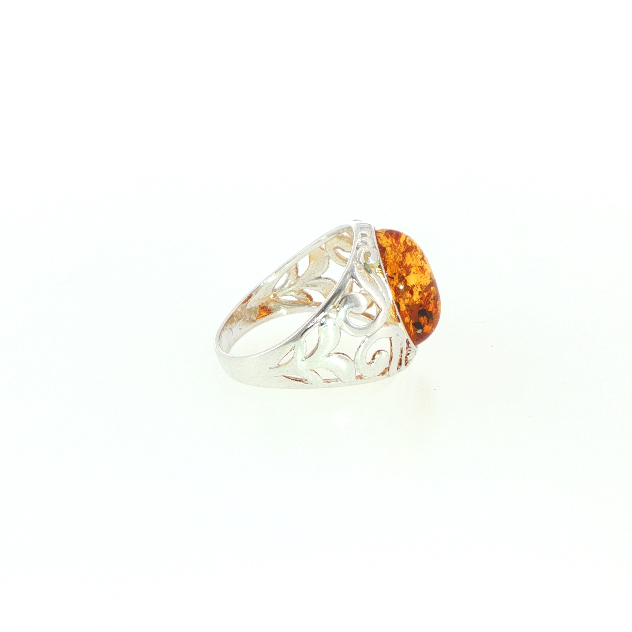 Openwork Swirling Signet Ring with Oval Orange Amber in Silver - Image 7