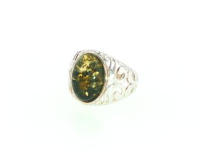 Openwork Swirling Signet Ring with Oval Green Amber in Silver