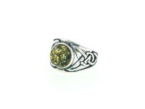 Round Green Amber Celtic Knot Ring in Silver