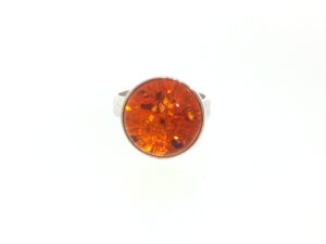 Round Amber Textured Solitaire Ring in Silver