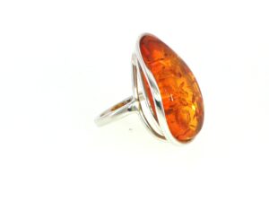 Tear Drop Amber with Swirl Gallery Ring in Silver