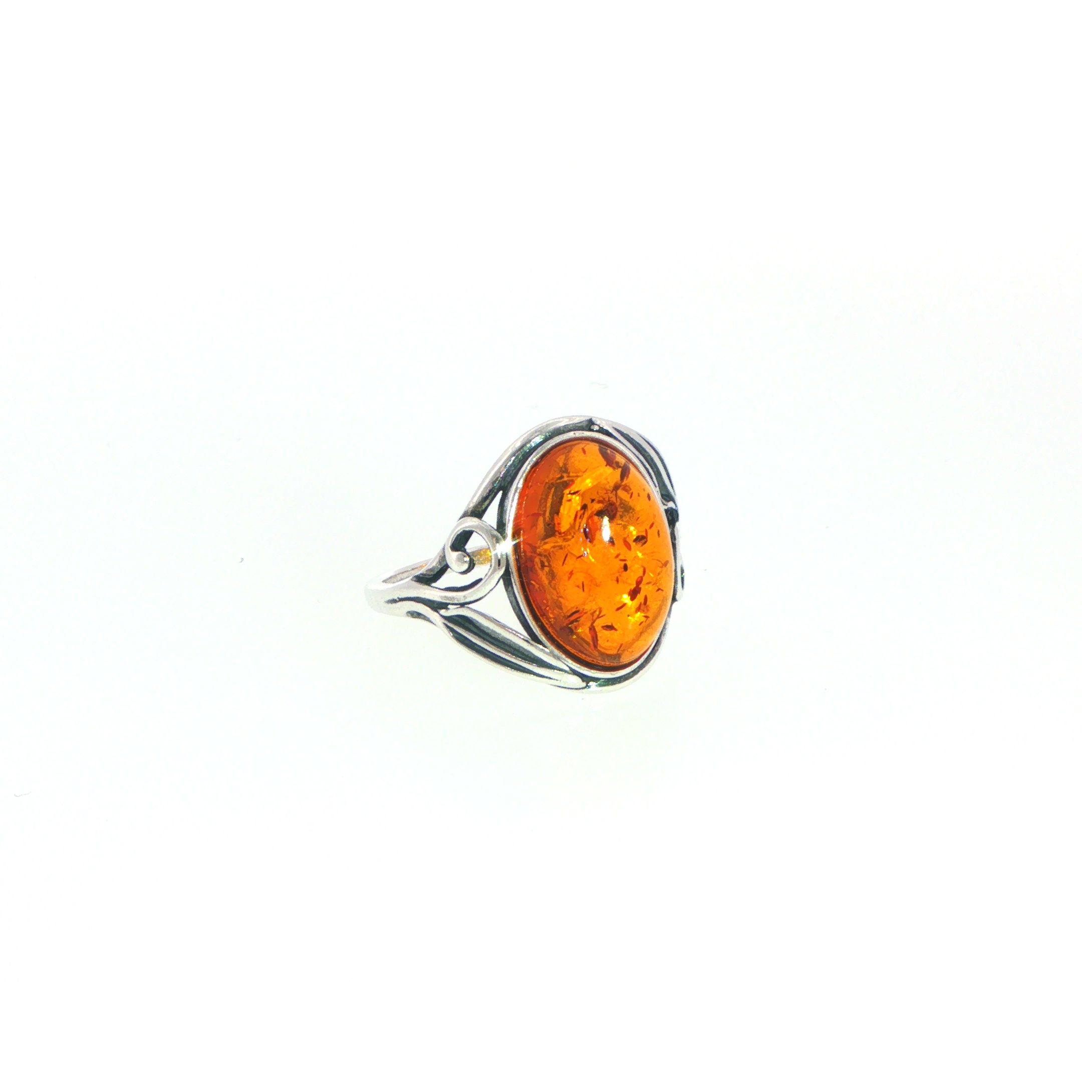 Silver Oval Amber Solitaire Ring with Decorative Band - Image 3