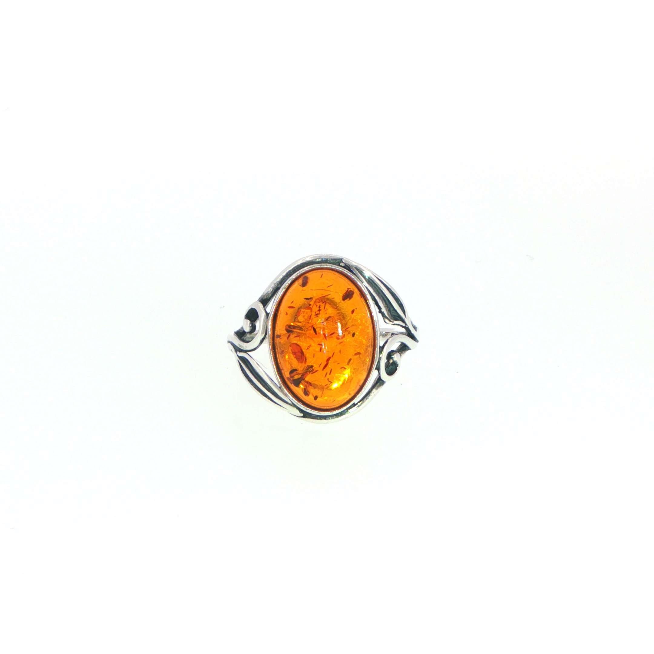 Silver Oval Amber Solitaire Ring with Decorative Band - Image 5