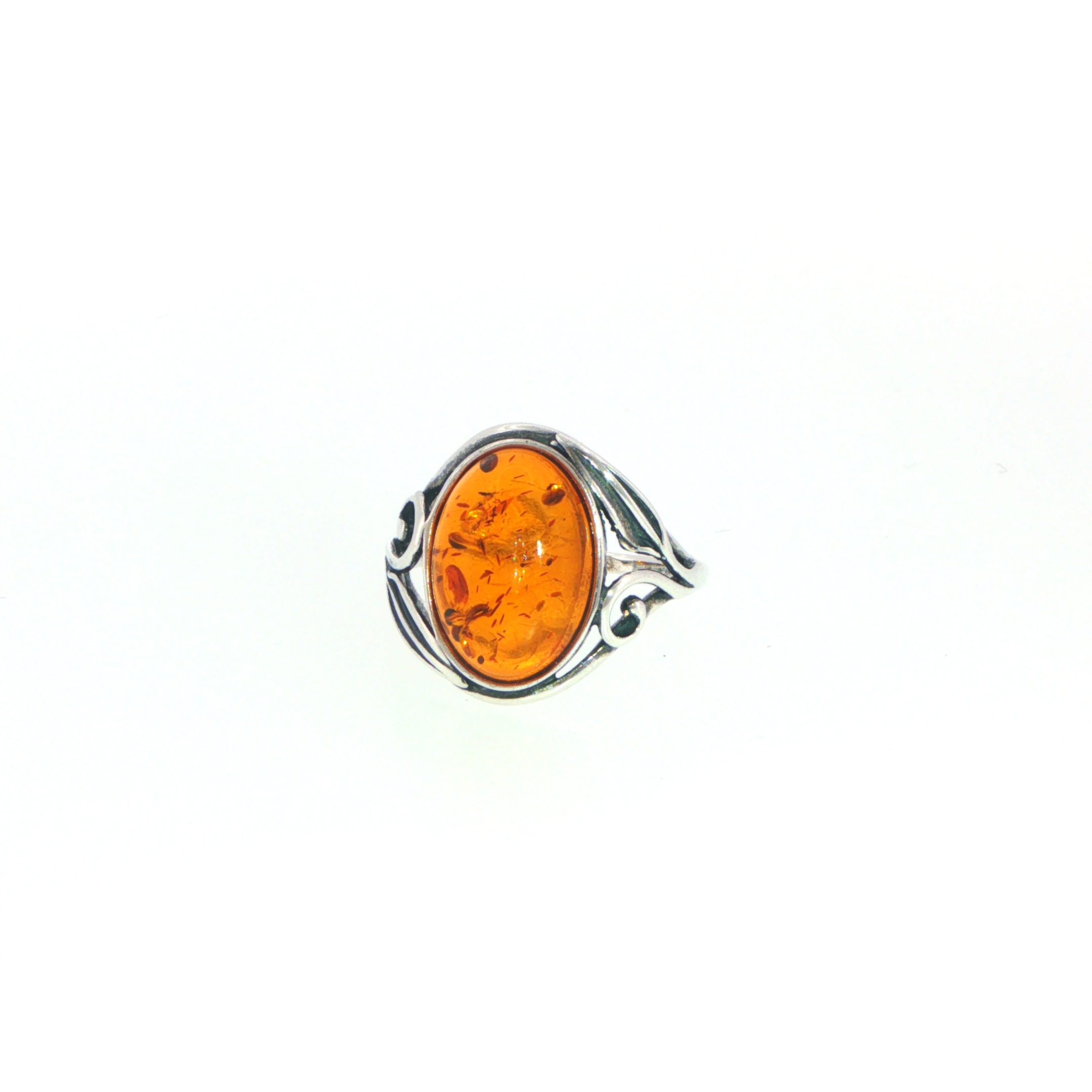 Silver Oval Amber Solitaire Ring with Decorative Band - Image 6