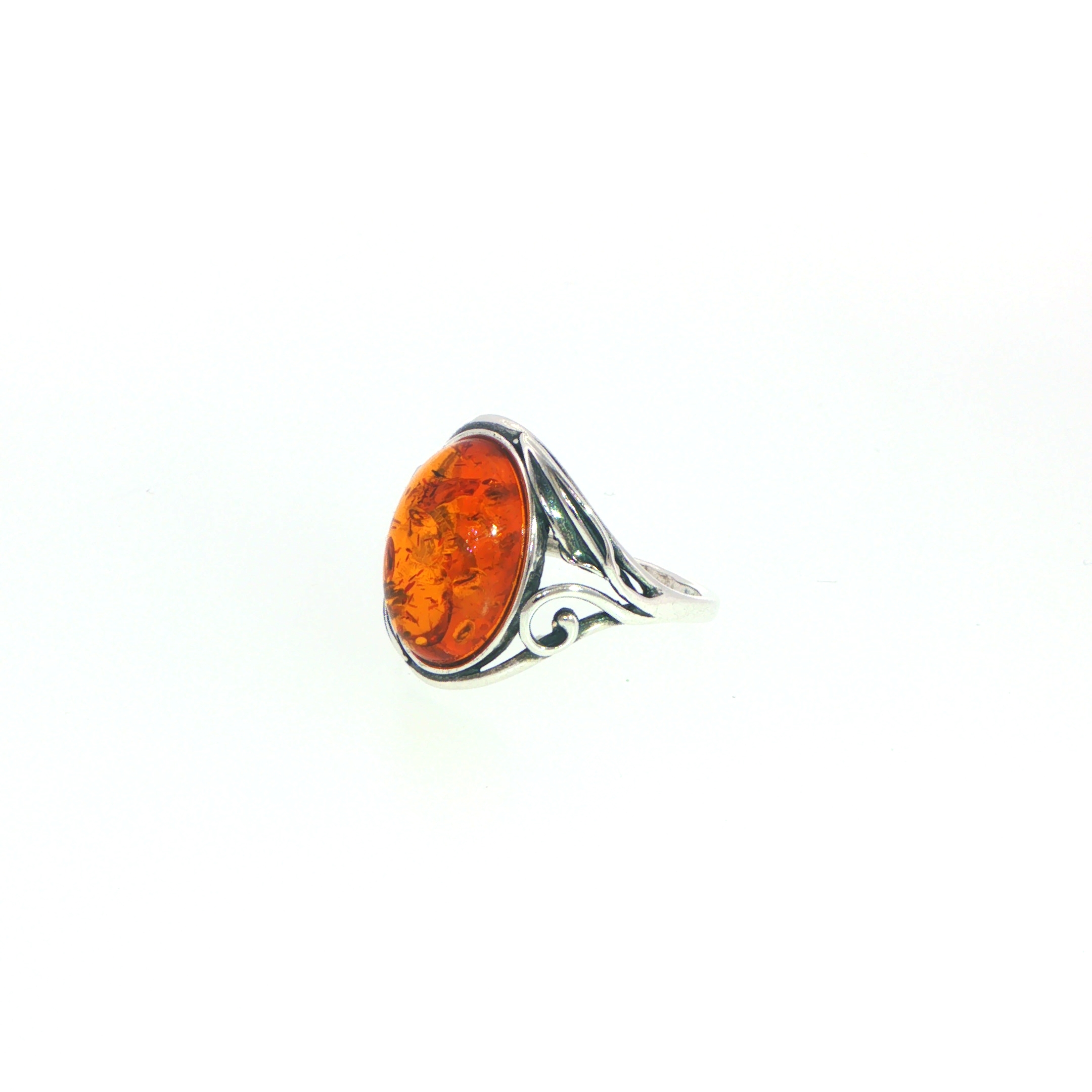 Silver Oval Amber Solitaire Ring with Decorative Band - Image 8