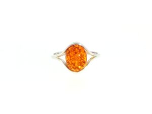 Silver Split Shank Oval Amber Solitaire Ring Small