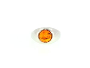 Signet Ring with Round Amber Cabochon in Silver