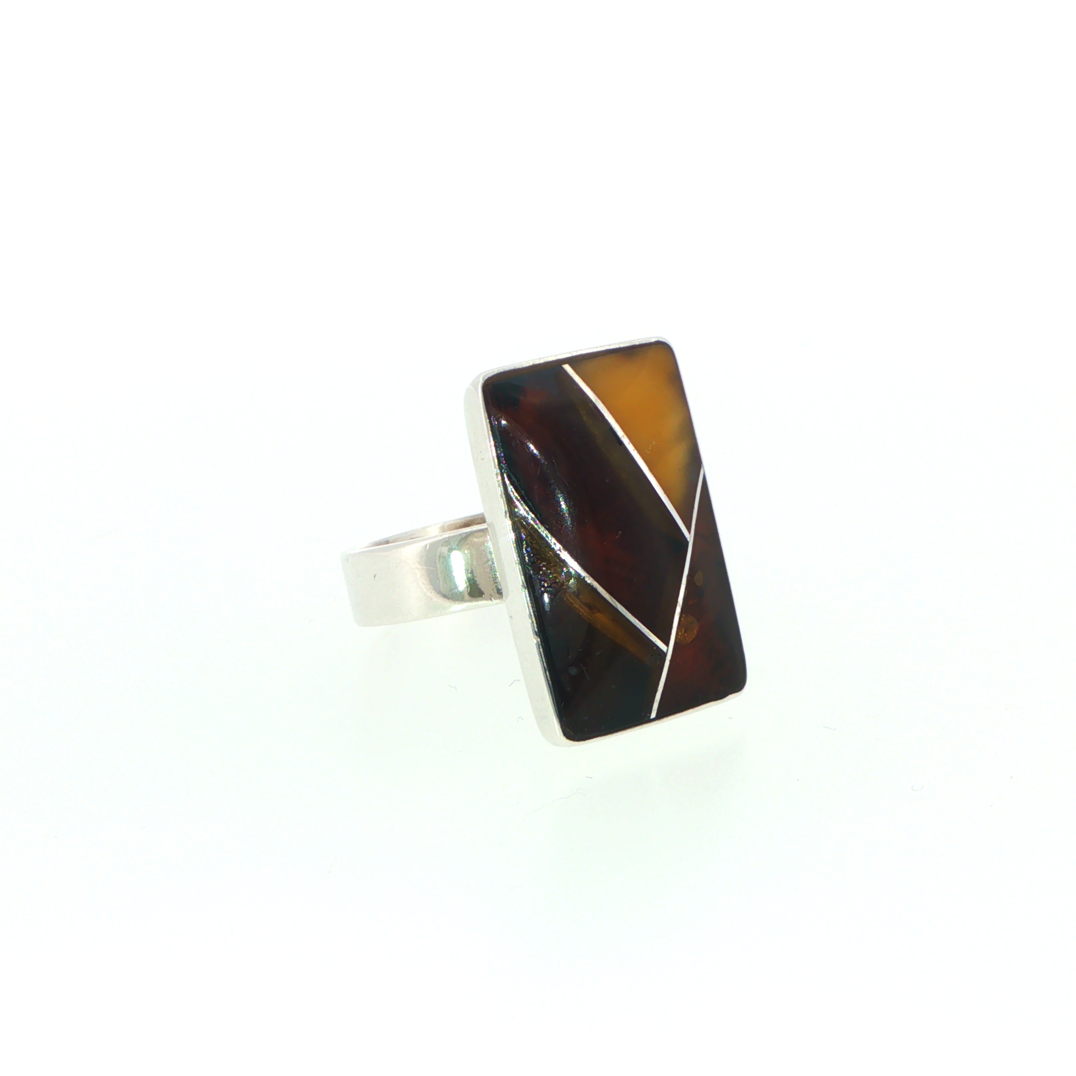 Geometric Amber Inlay Silver Signet Ring - Image 3