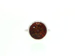 Round Amber Solitaire Ring Silver Bezel-Set