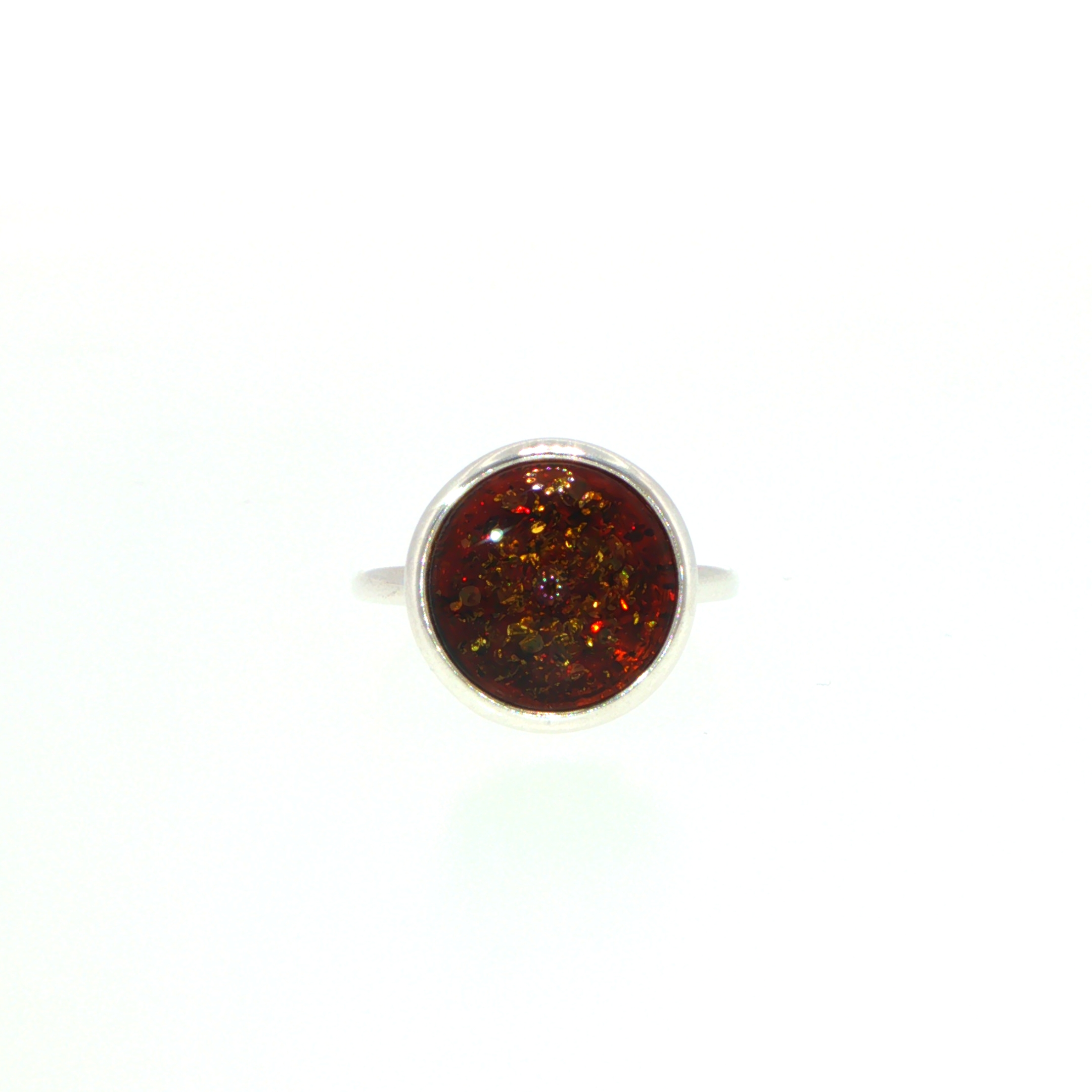 Round Amber Solitaire Ring Silver Bezel-Set