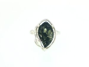 Green Amber Leaf Motif Solitaire Ring in Silver