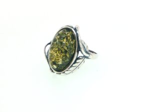 Oval Green Amber Ring with Leaf Detailed Shoulders in Silver