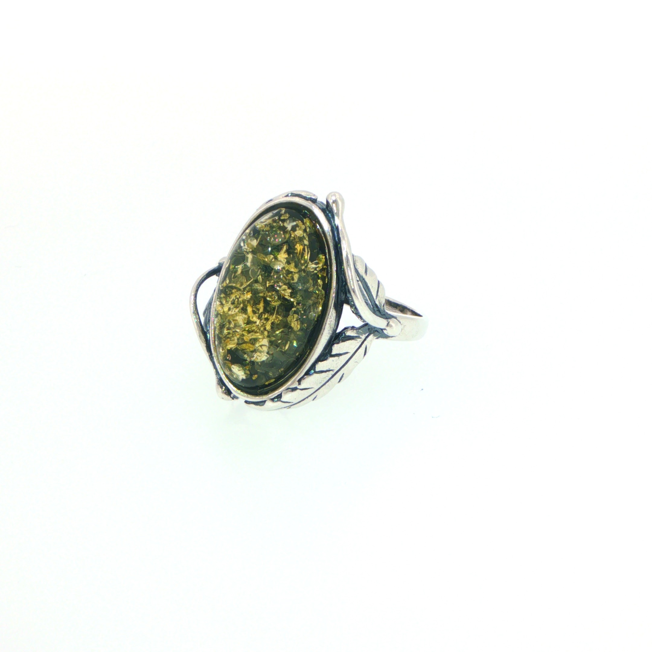 Oval Green Amber Ring with Leaf Detailed Shoulders in Silver
