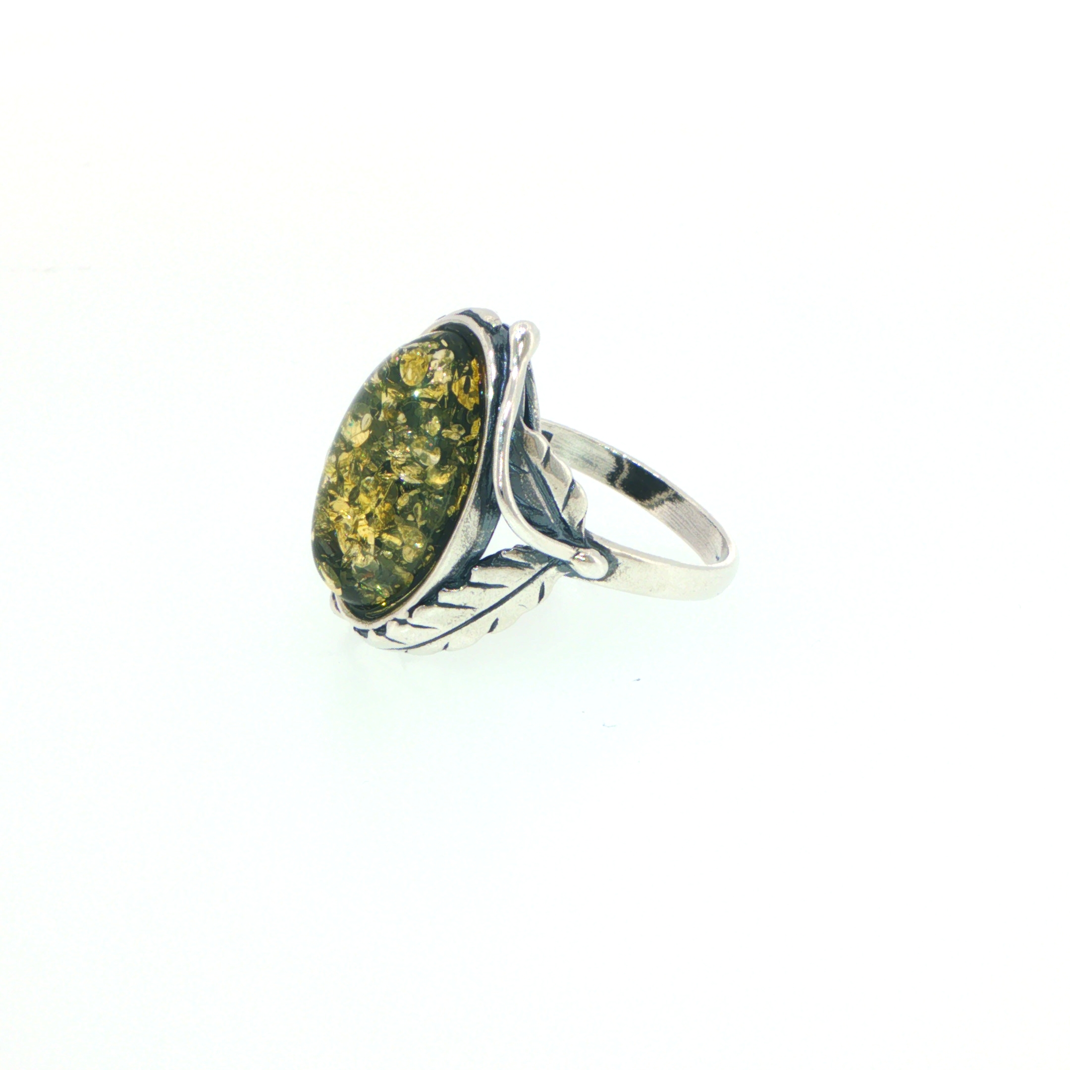 Oval Green Amber Ring with Leaf Detailed Shoulders in Silver - Image 4