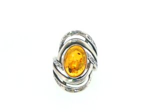 Textured Silver Cocktail Ring with Oval Amber Cabochon