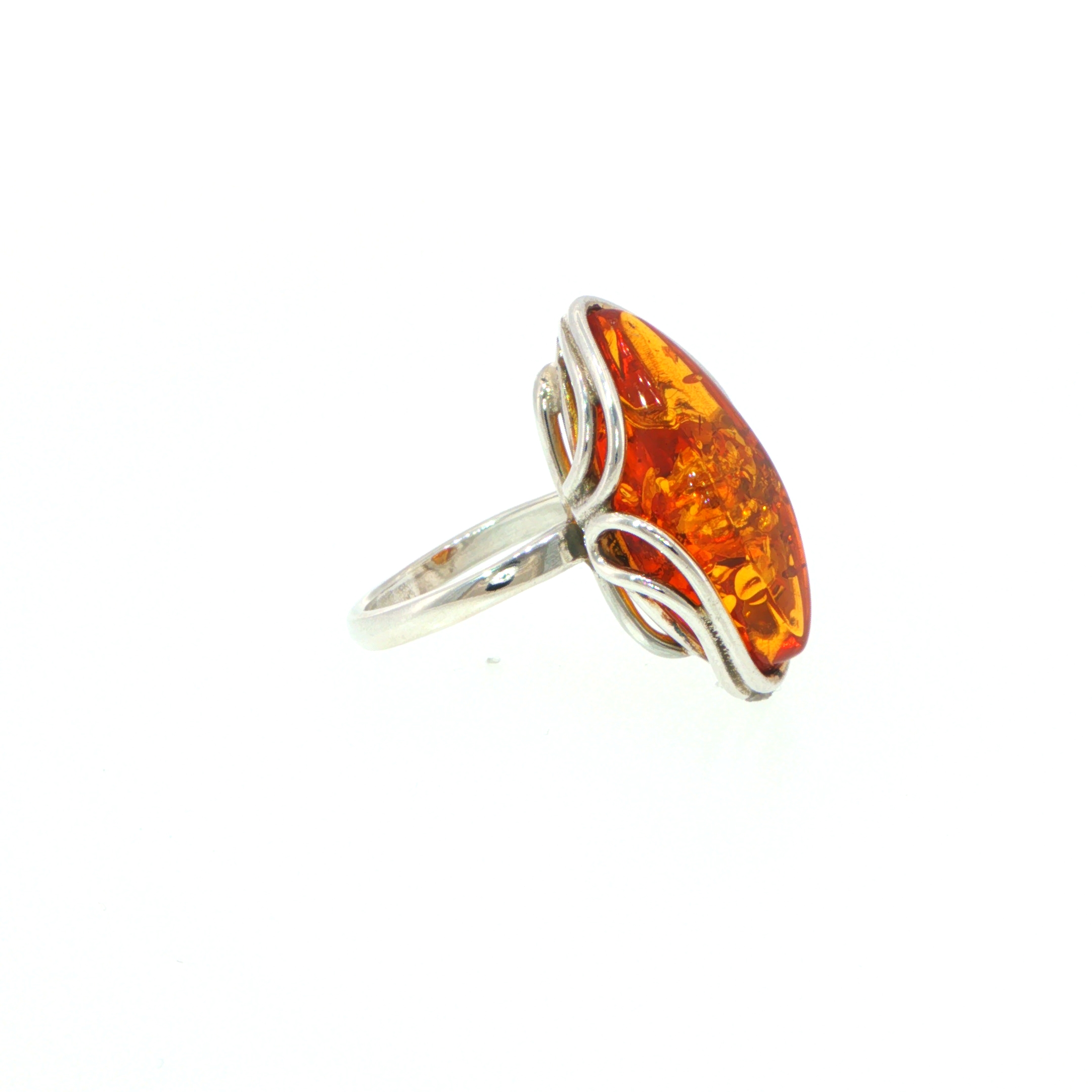 Elongated Amber Solitaire with Swirling Setting Ring in Silver - Image 2