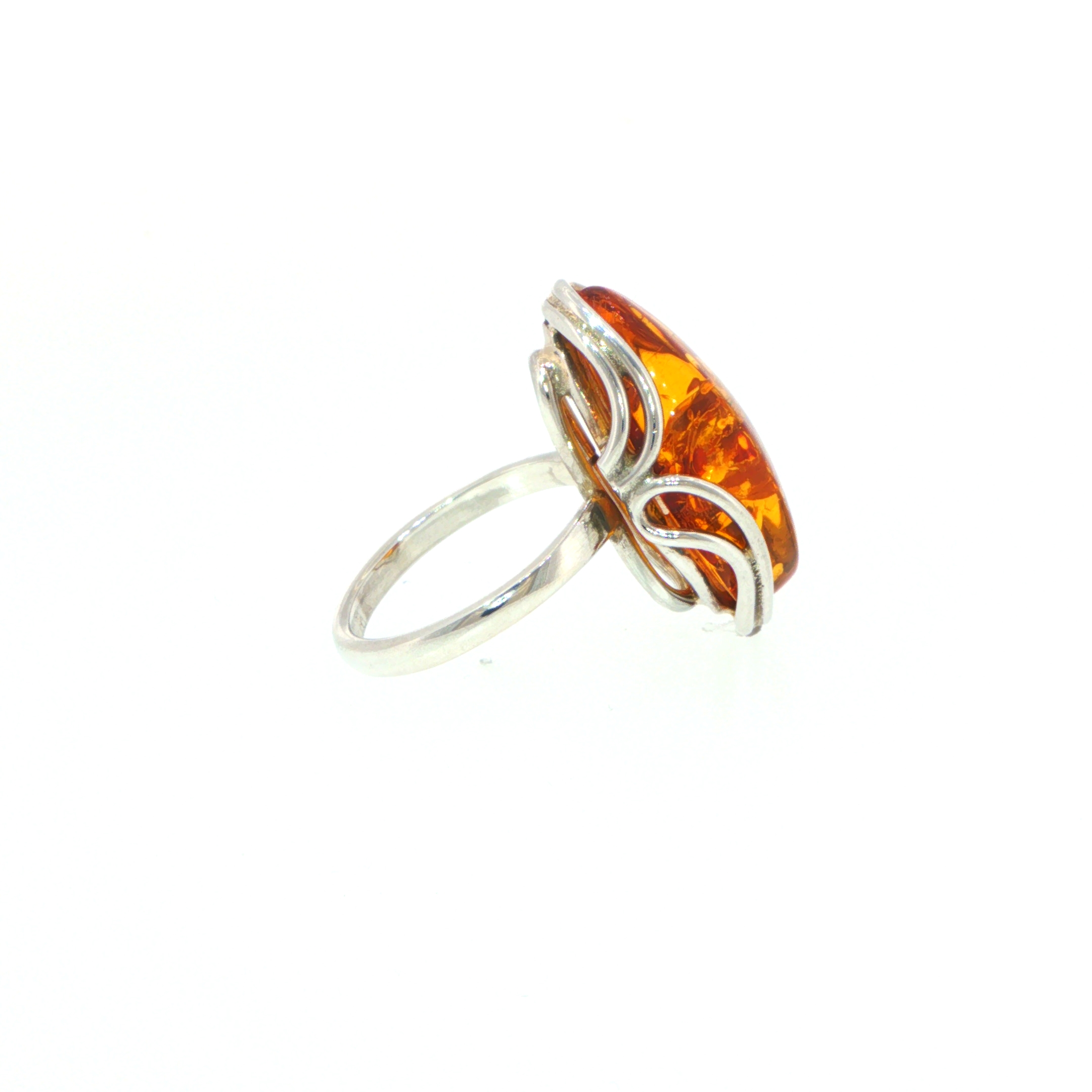 Elongated Amber Solitaire with Swirling Setting Ring in Silver - Image 11