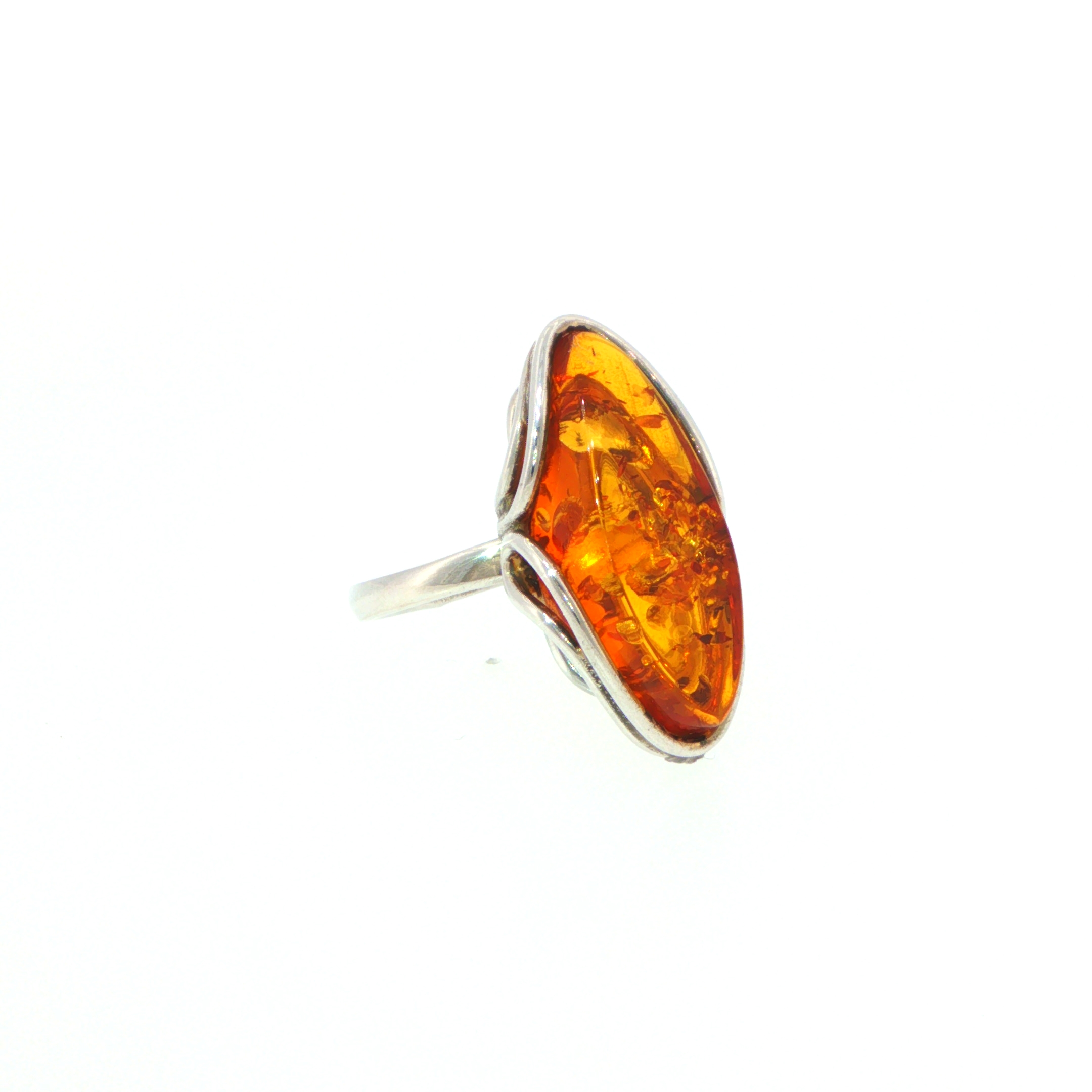 Elongated Amber Solitaire with Swirling Setting Ring in Silver - Image 3