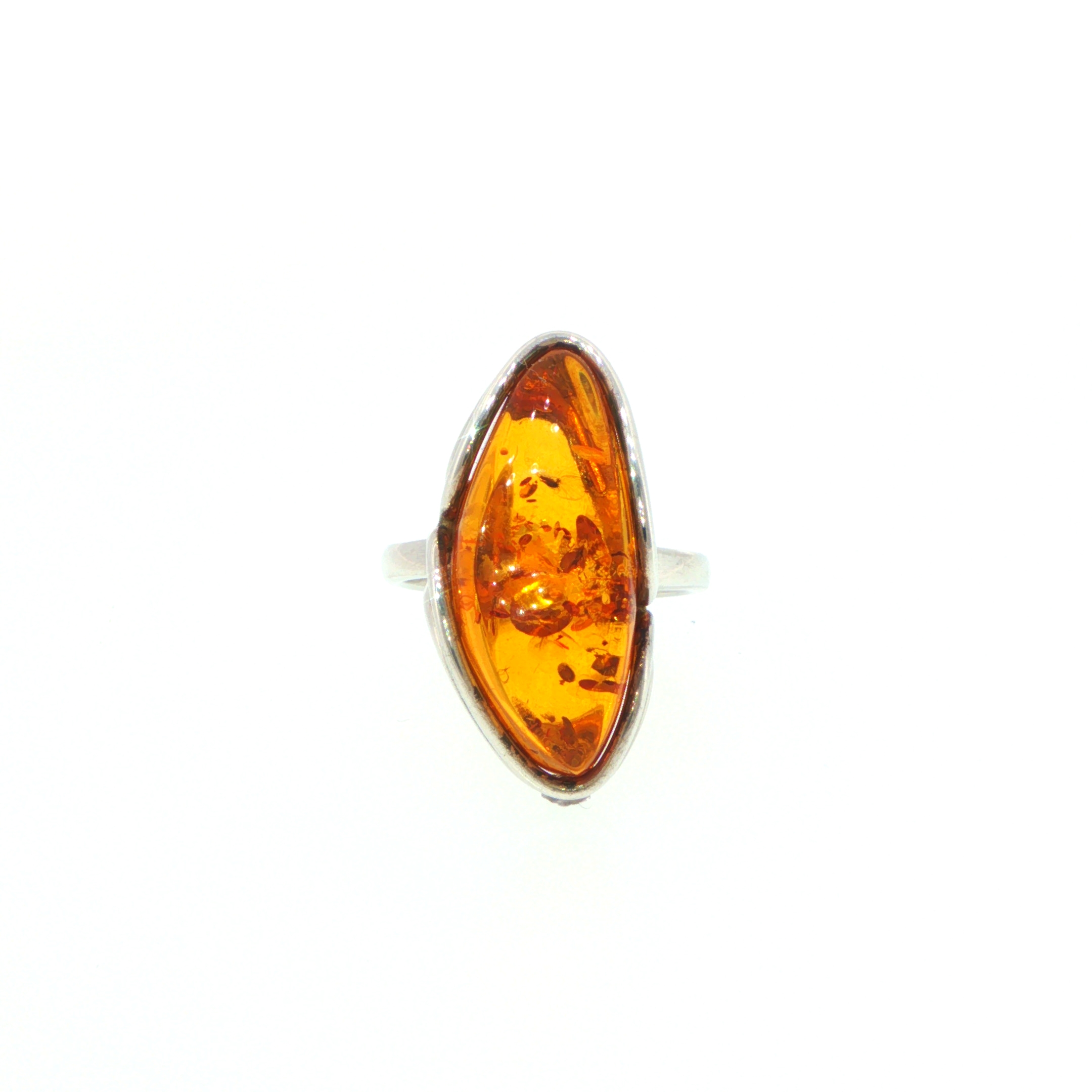 Elongated Amber Solitaire with Swirling Setting Ring in Silver - Image 4