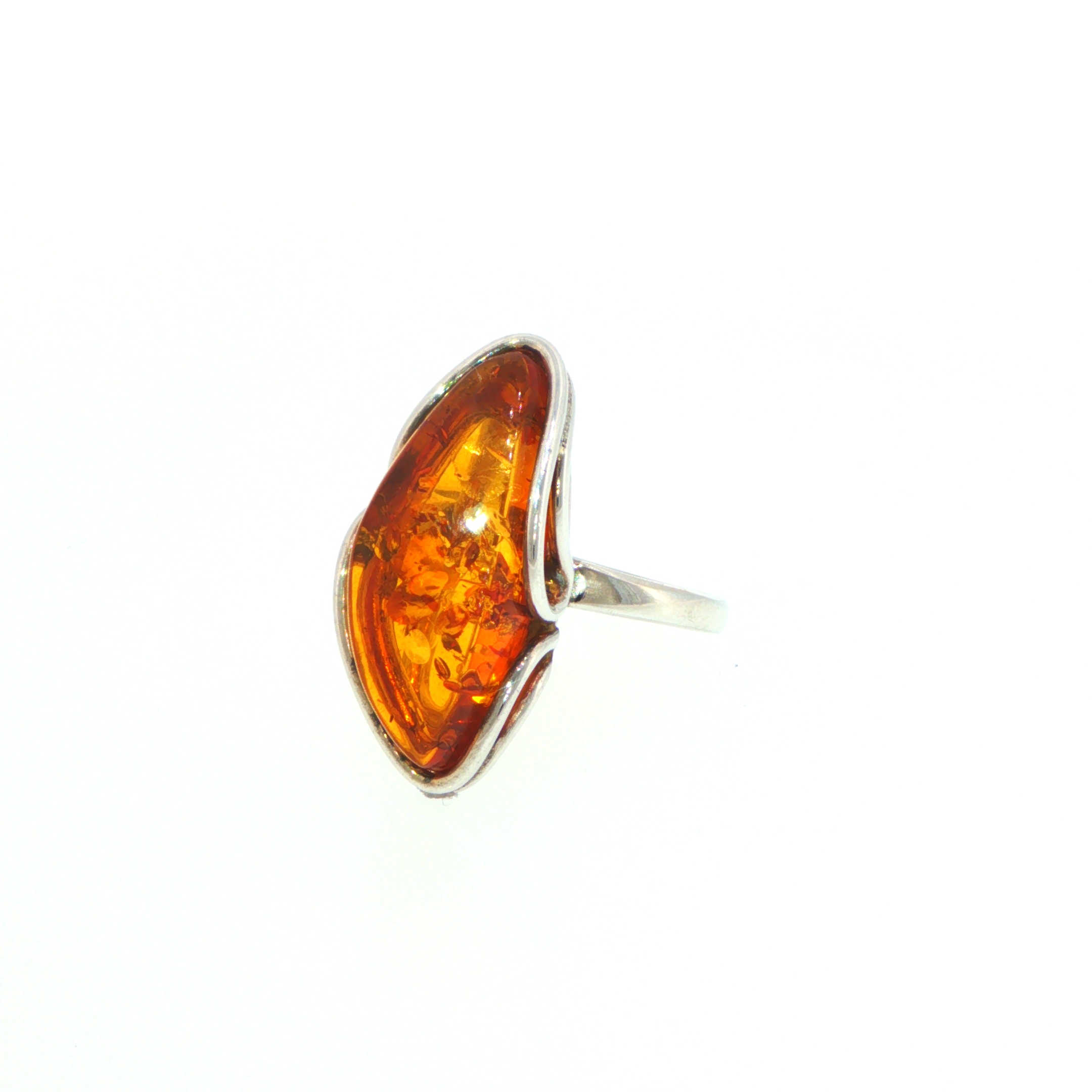 Elongated Amber Solitaire with Swirling Setting Ring in Silver - Image 5