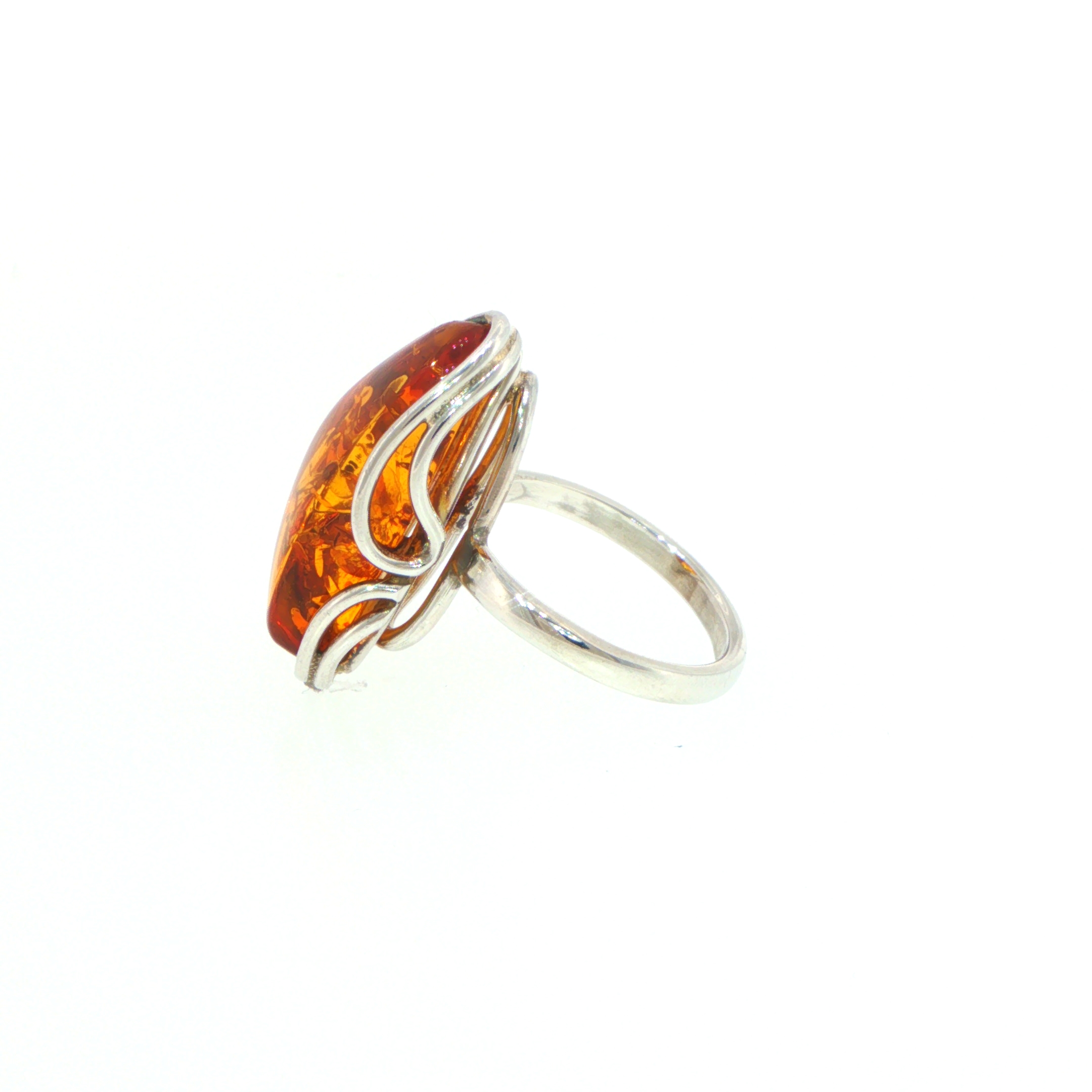 Elongated Amber Solitaire with Swirling Setting Ring in Silver - Image 7