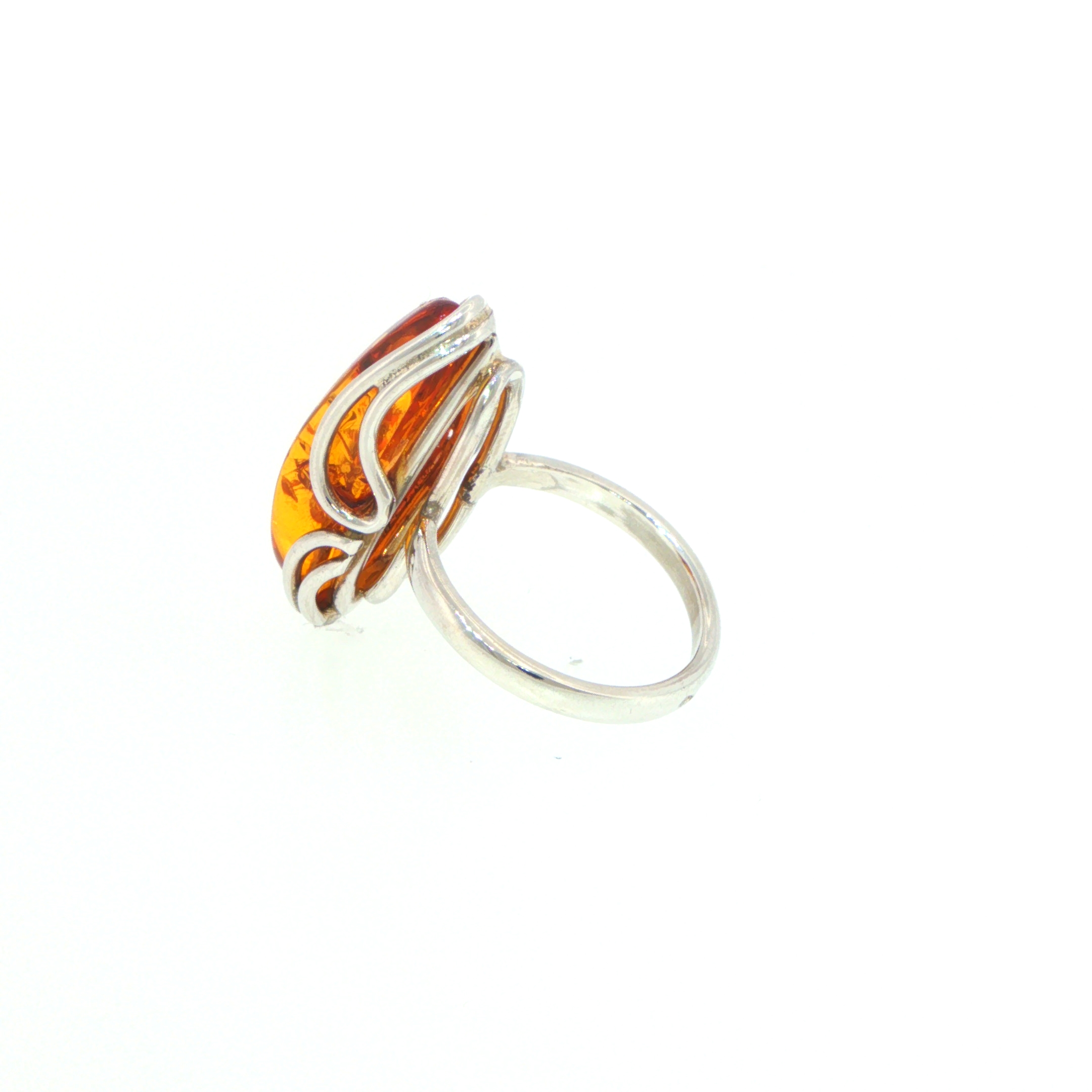 Elongated Amber Solitaire with Swirling Setting Ring in Silver - Image 8