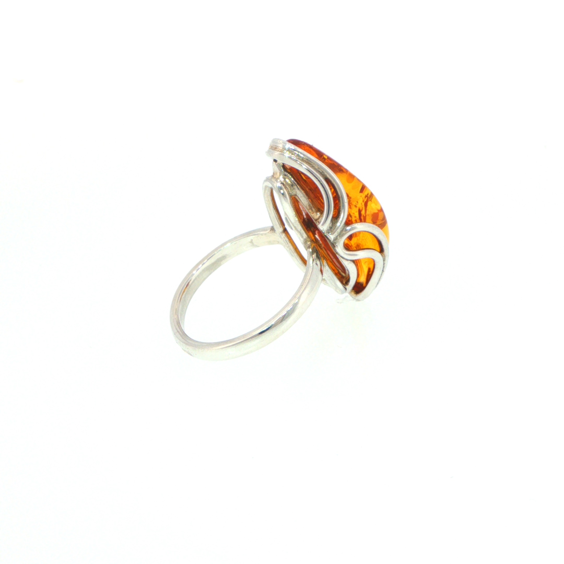 Elongated Amber Solitaire with Swirling Setting Ring in Silver - Image 10