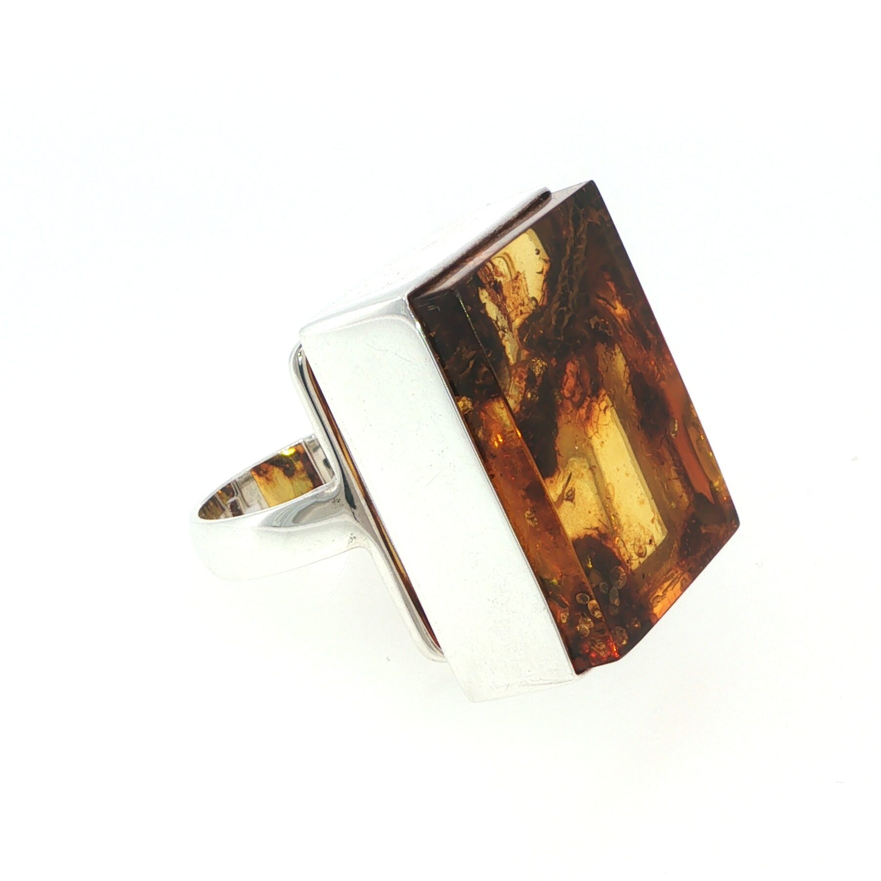 Rectangular Amber Flat Cocktail Ring in Silver